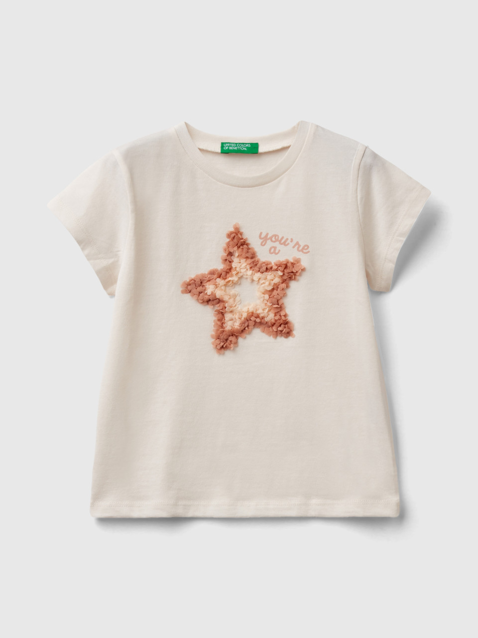 Benetton, T-shirt With Petal Effect Applique, Creamy White, Kids
