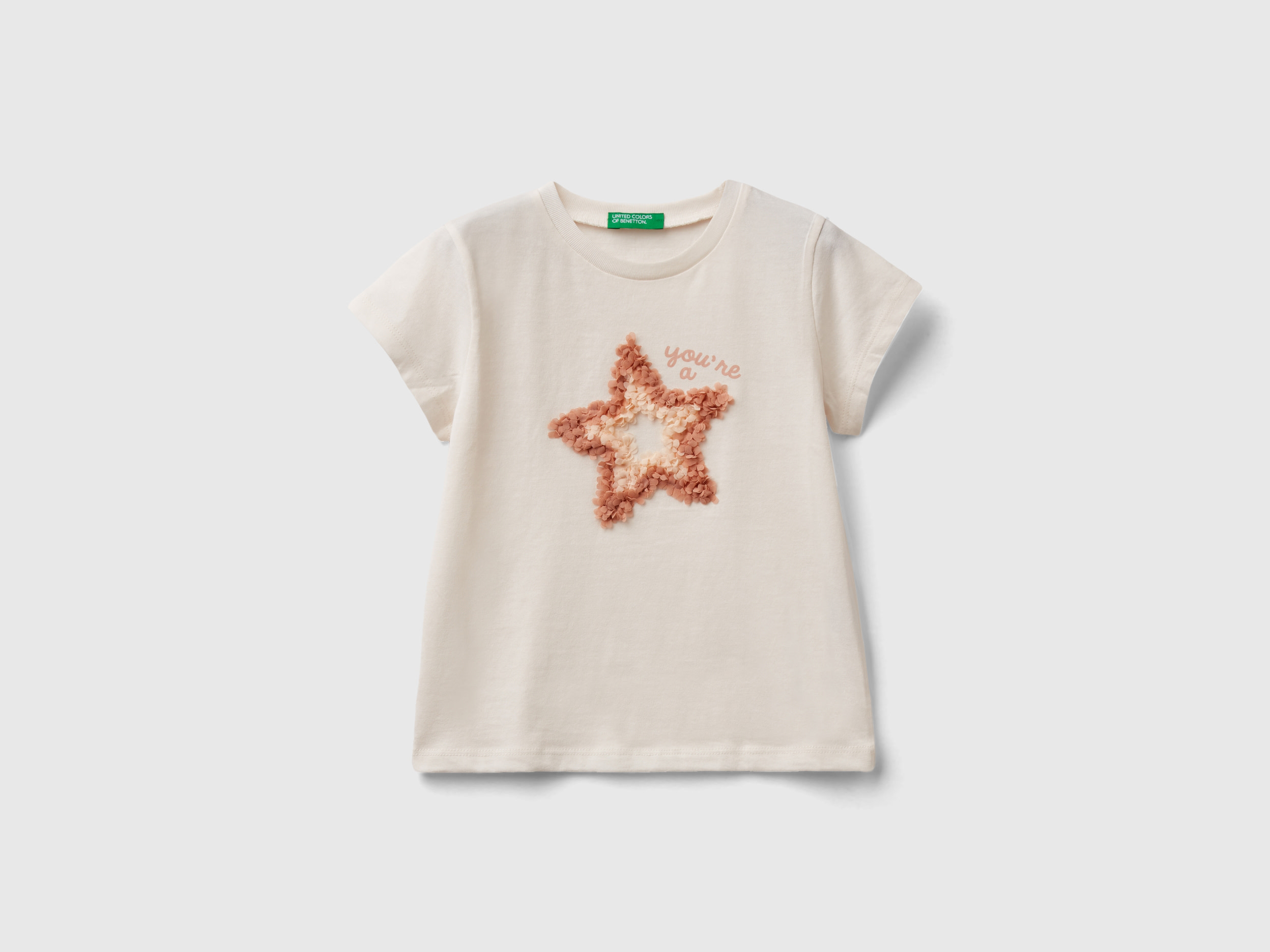 Image of Benetton, T-shirt With Petal Effect Applique, size 82, Creamy White, Kids