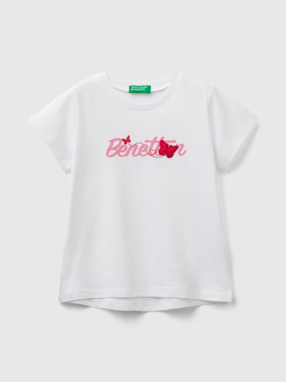 Benetton, T-shirt In Organic Cotton With Logo Print, White, Kids