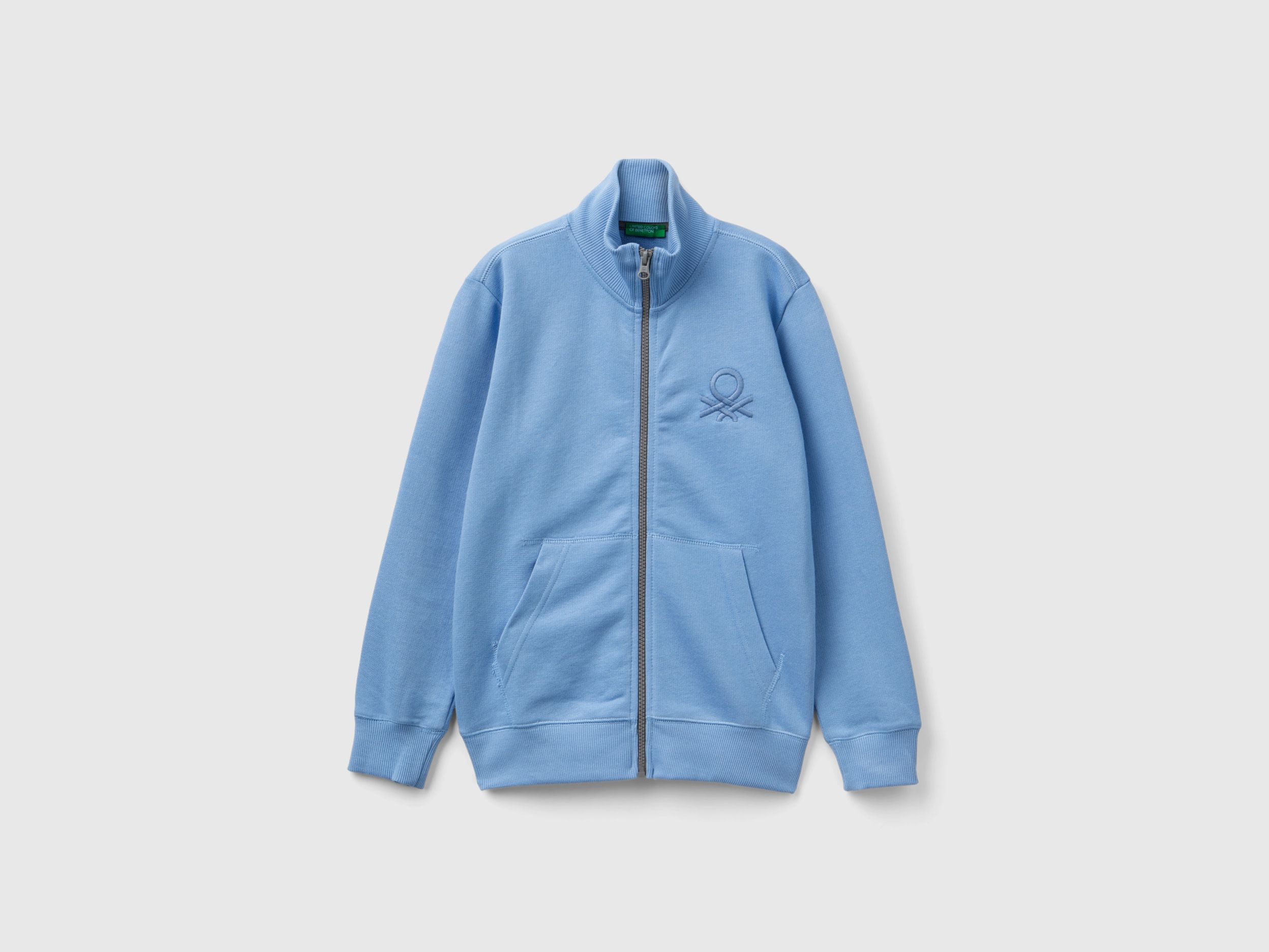 Benetton, Felpa Con Zip In Puro Cotone, Azzurro, Bambini