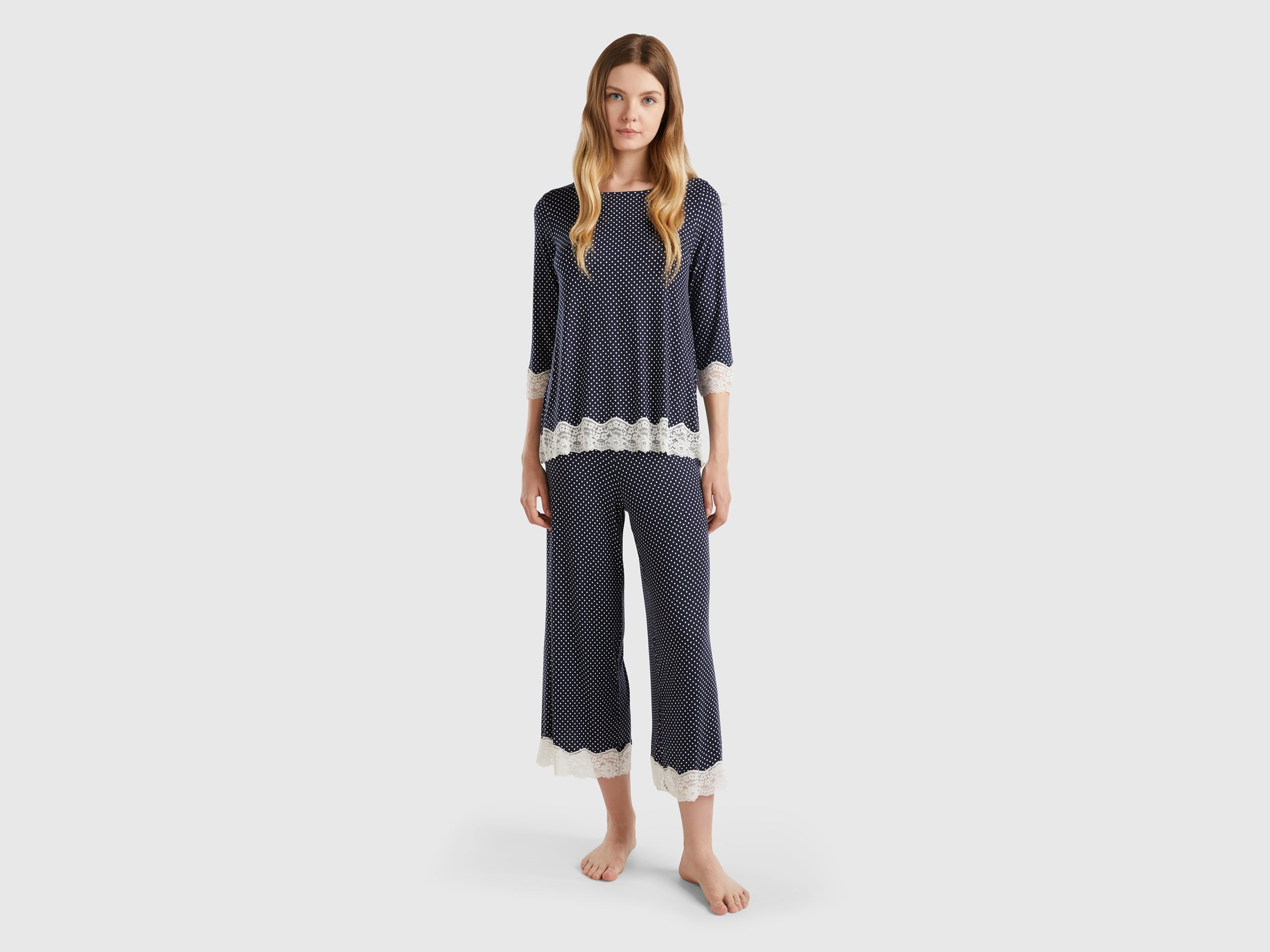 Benetton, Pantaloni A Pois Con Dettagli In Pizzo, Blu, Donna