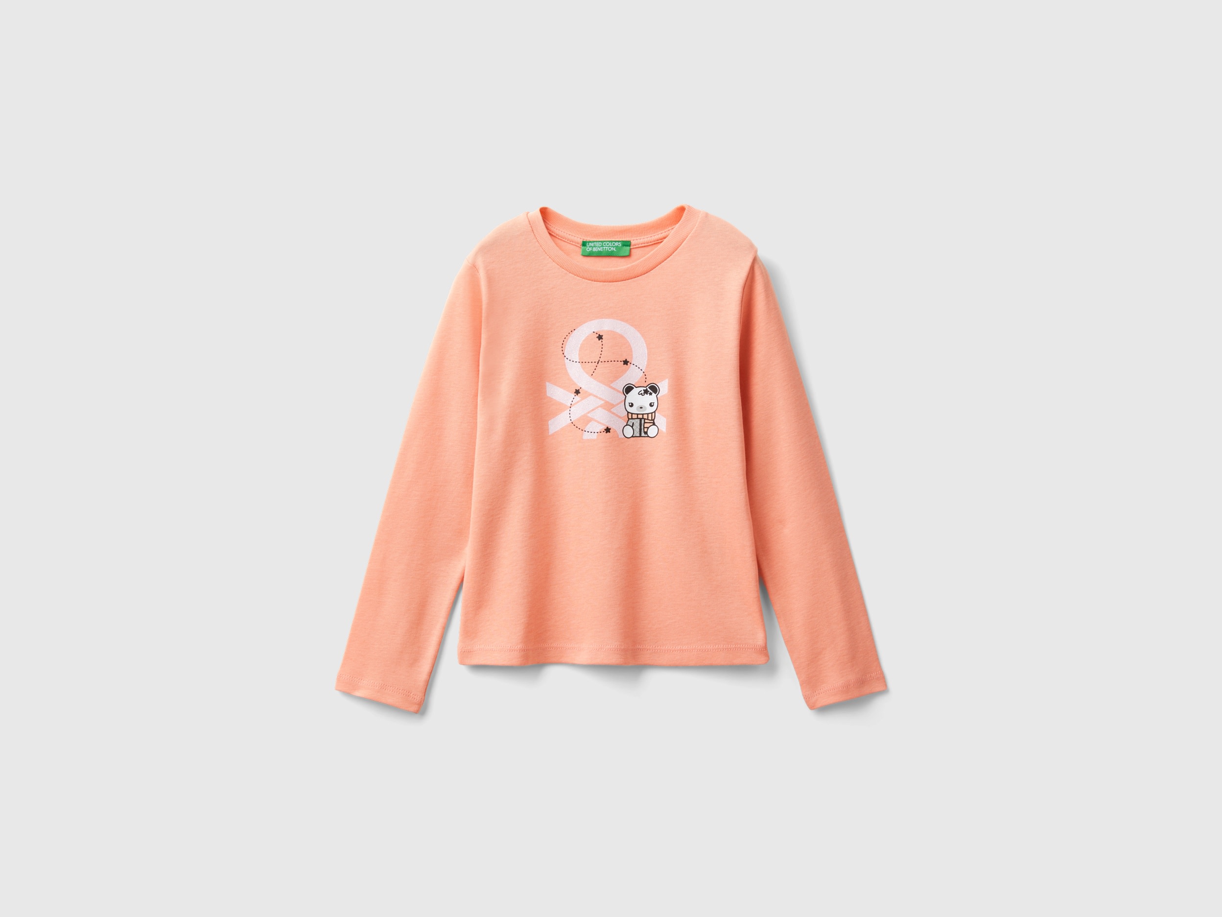Benetton, T-shirt Con Stampa Glitter In Cotone Bio, Pesca, Bambini