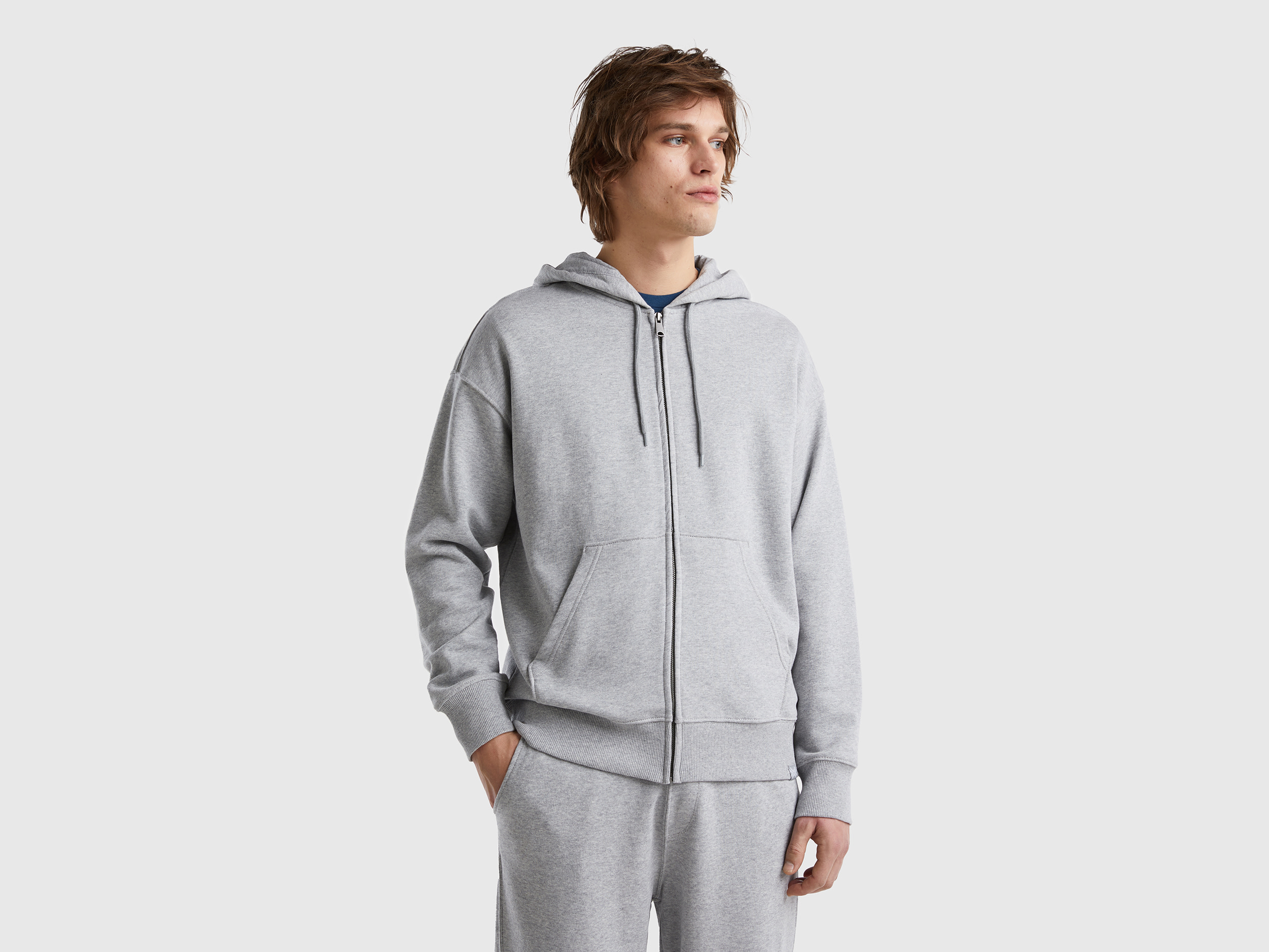 Benetton, Zip-up Hoodie In Cotton, size M, Light Gray, Men