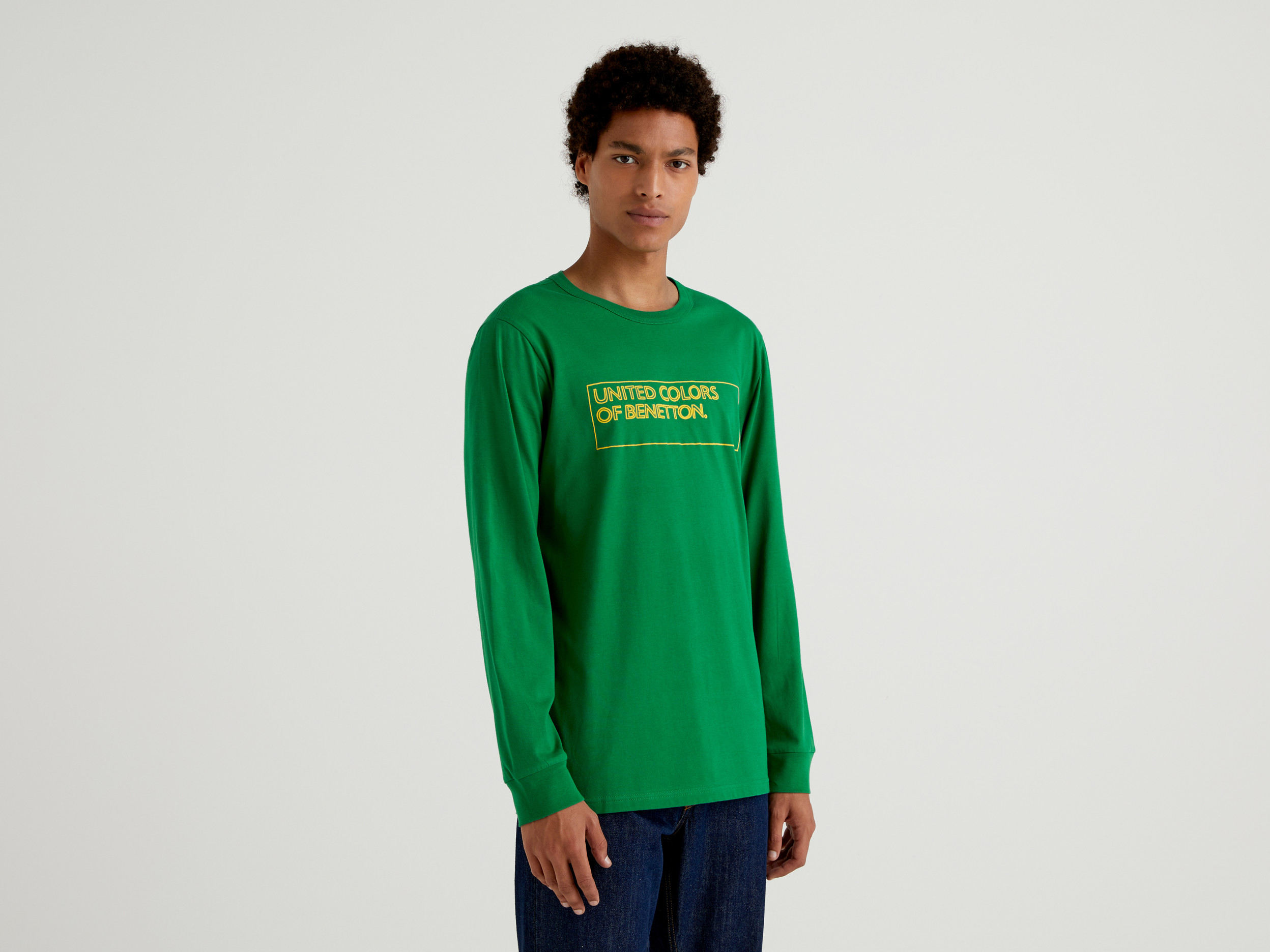 Benetton, T-shirt À Manches Longues Et Imprimé Logo, taille XXL, Vert, Homme