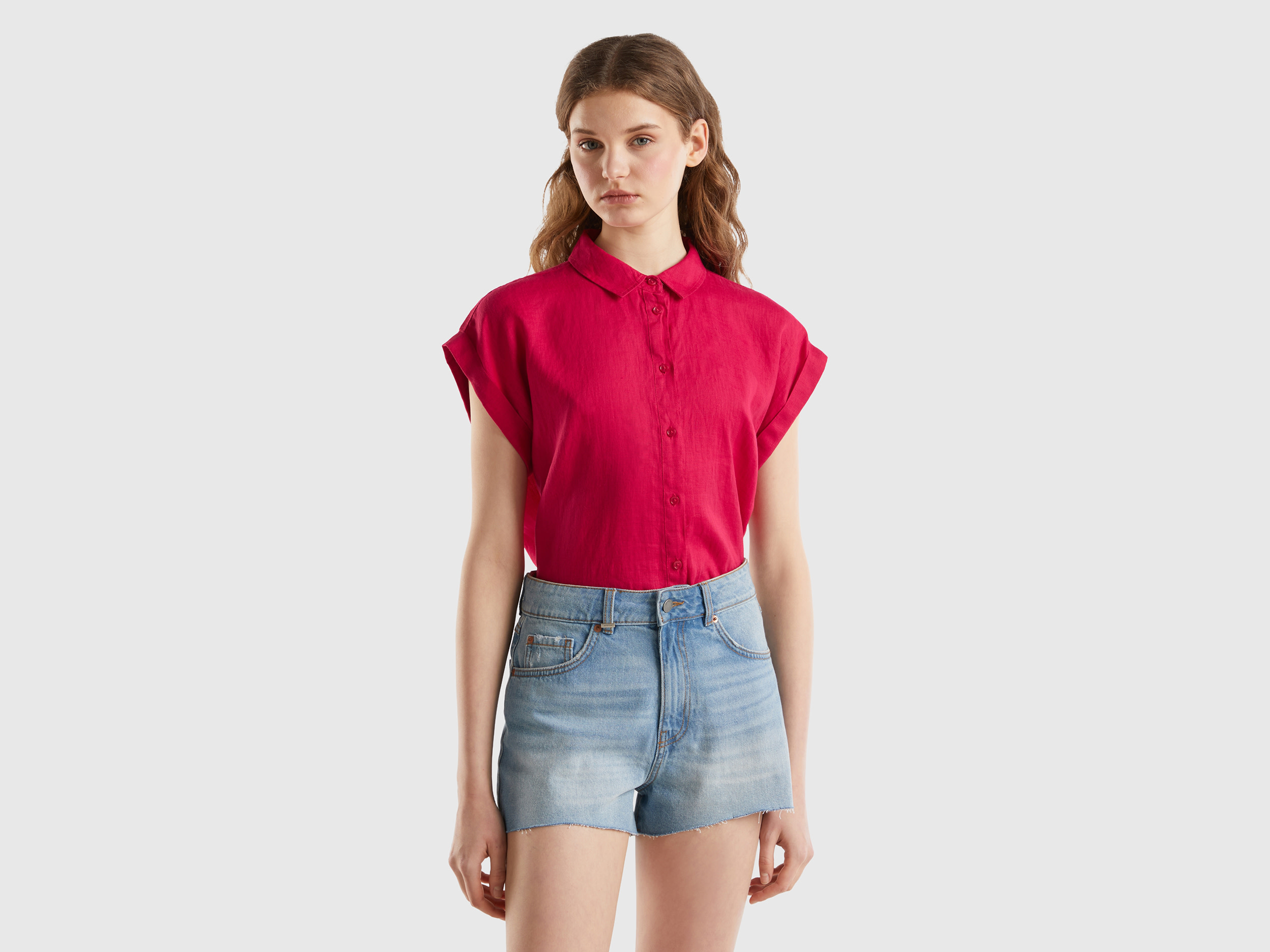 Benetton, Camicia Boxy Fit In Puro Lino, Ciclamino, Donna