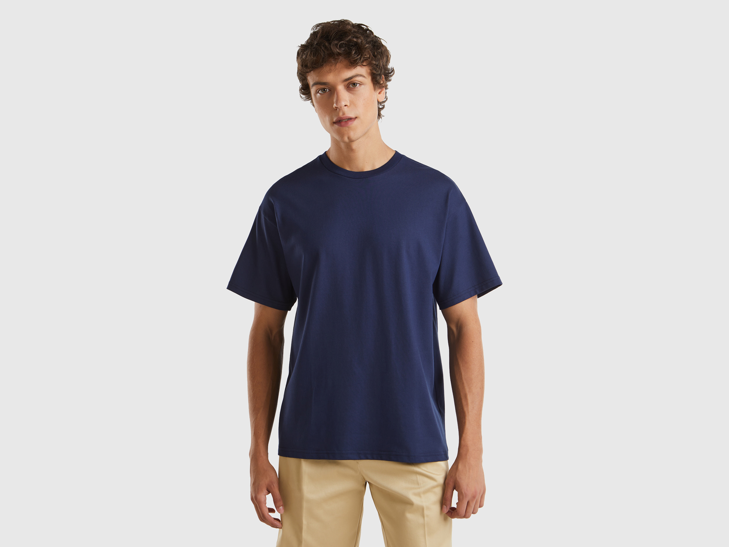 Image of Benetton, Oversized T-shirt In Organic Cotton, size XL, Dark Blue, Men