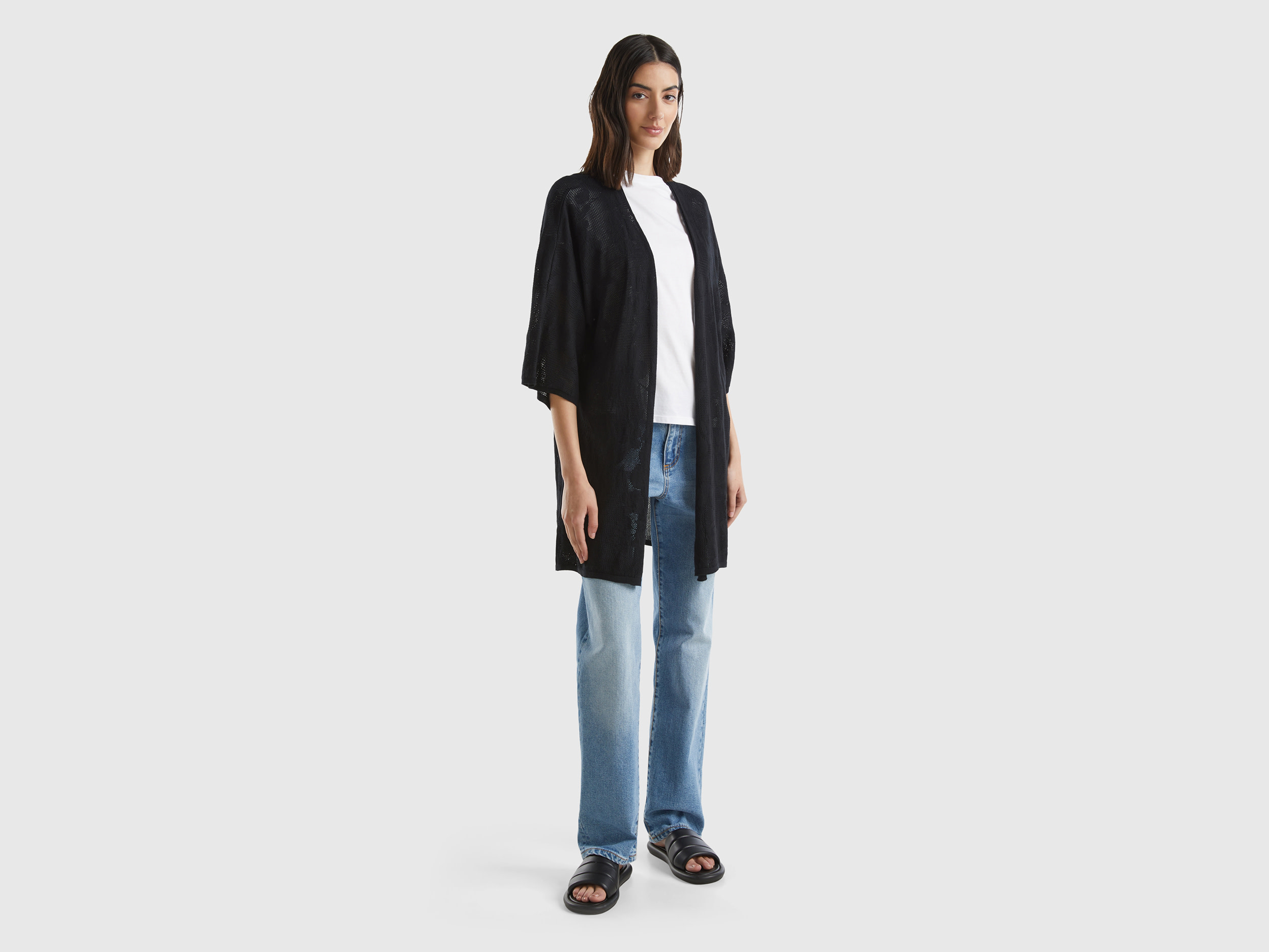 Benetton, Cardigan Lungo Con Motivo Fiori, Nero, Donna