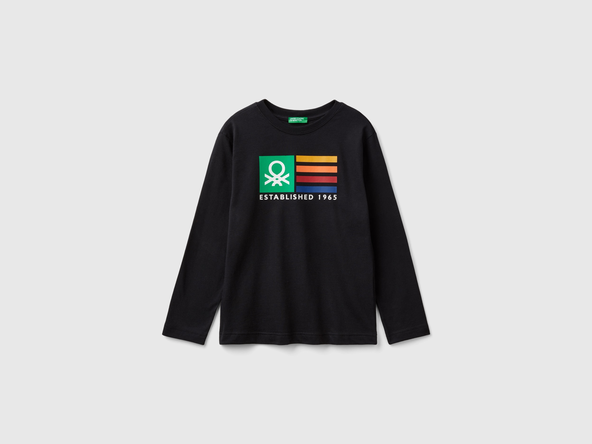Benetton, T-shirt Manica Lunga 100% Cotone Bio, Nero, Bambini