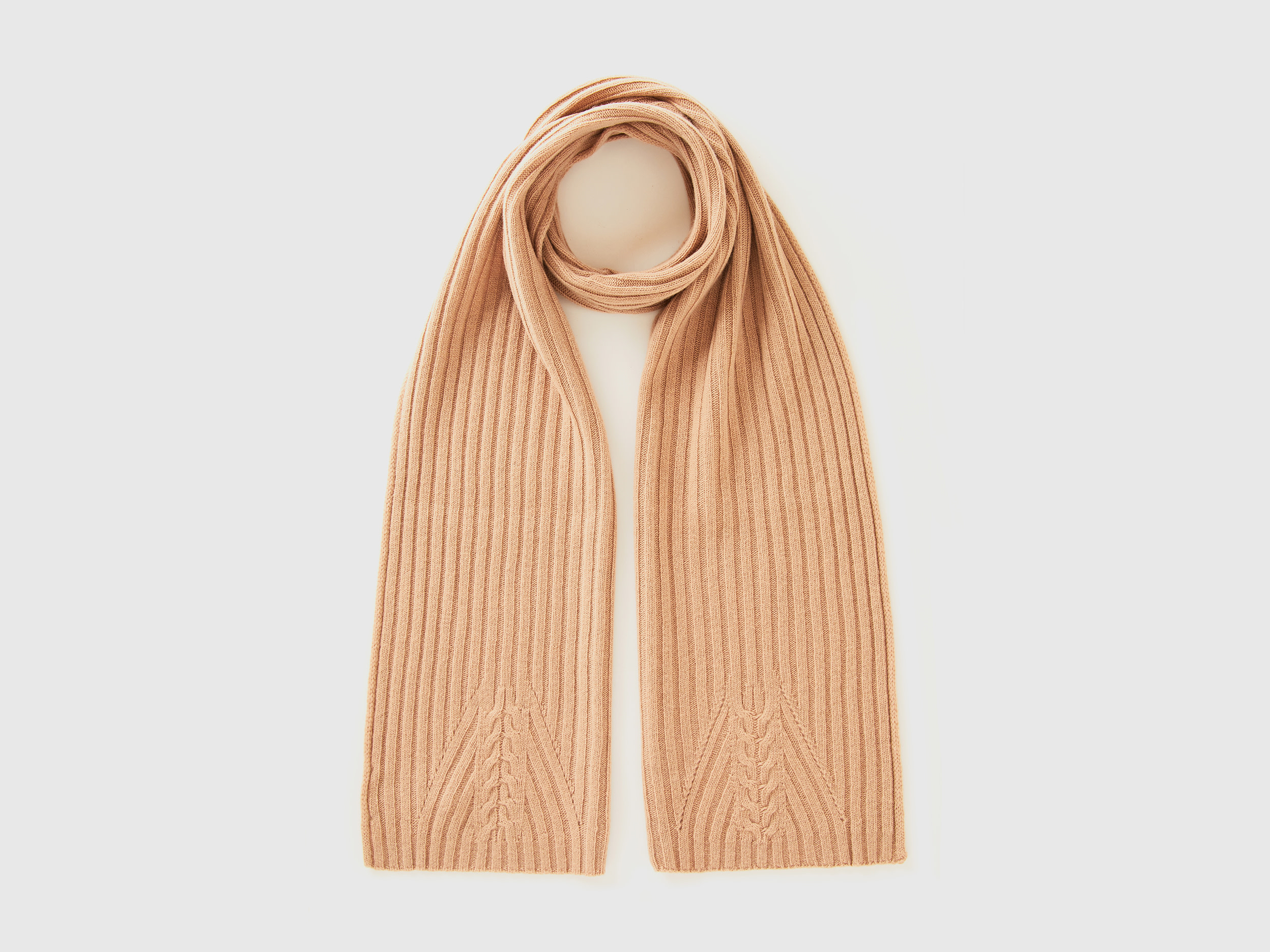 Benetton, Sciarpa Con Lavorazione Treccia, Cammello, Donna