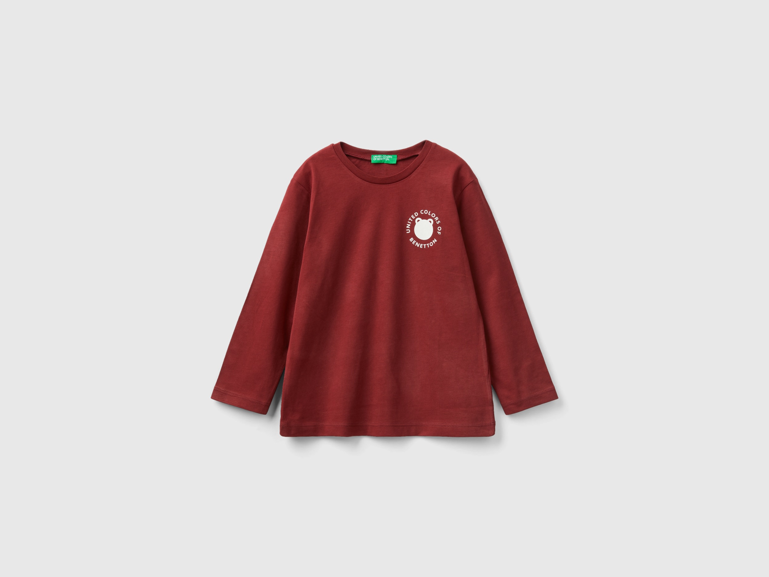 Benetton, Crew Neck T-shirt In Warm Organic Cotton, size 4-5, Burgundy, Kids