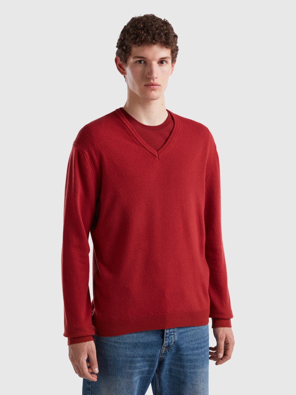 Benetton, Burgundy V-neck Sweater In Pure Merino Wool, Burgundy, Men
