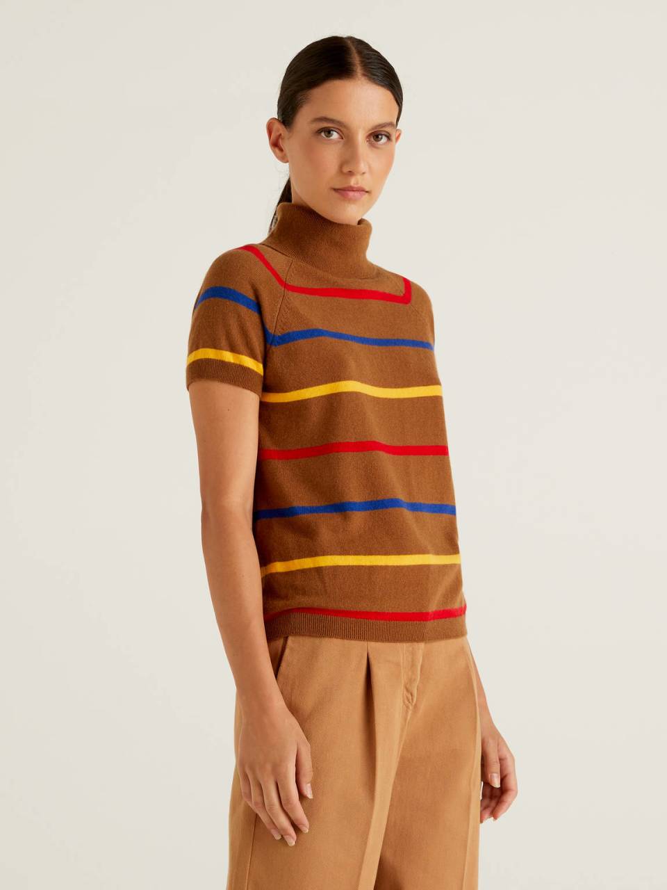Benetton Brown striped turtleneck in cashmere and wool blend. 1