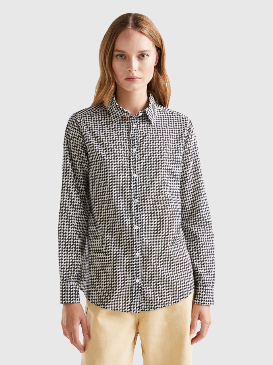 Benetton, Black And White Houndstooth Shirt, Multi-color, Women