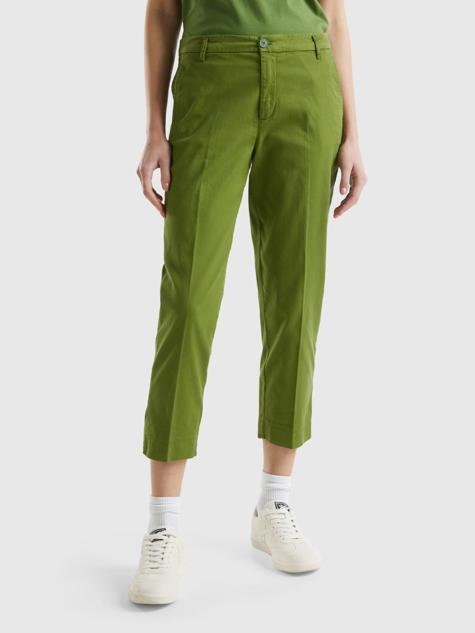 Benetton, Cropped Chinos In Stretch Cotton, Military Green, Women
