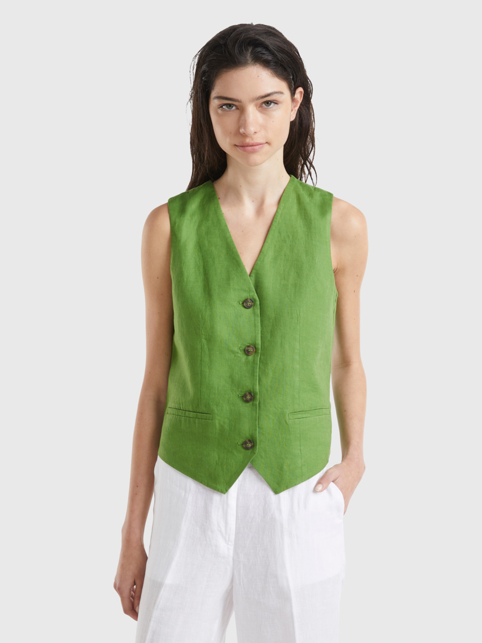 Benetton, Pure Linen Vest, Military Green, Women