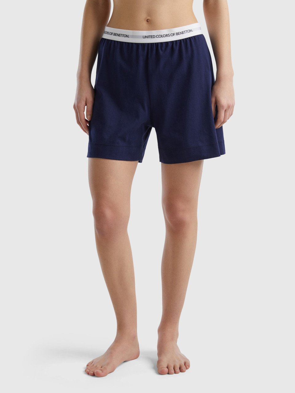 Benetton, Shorts Con Elástico Con Logotipo, Azul Oscuro, Mujer