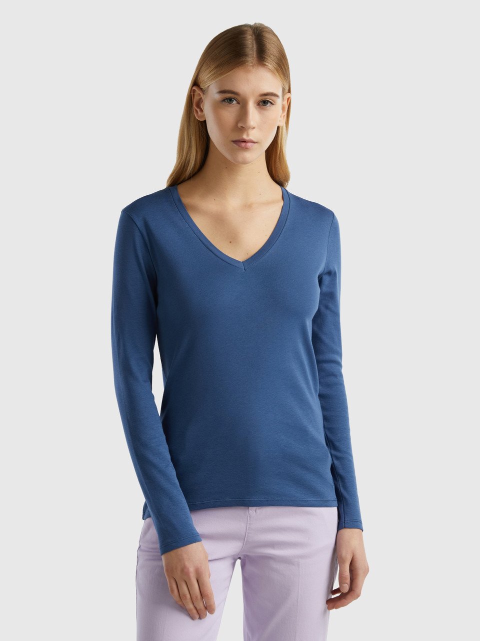 Benetton, T-shirt À Manches Longues Avec Col En V, Bleu Horizon, Femme