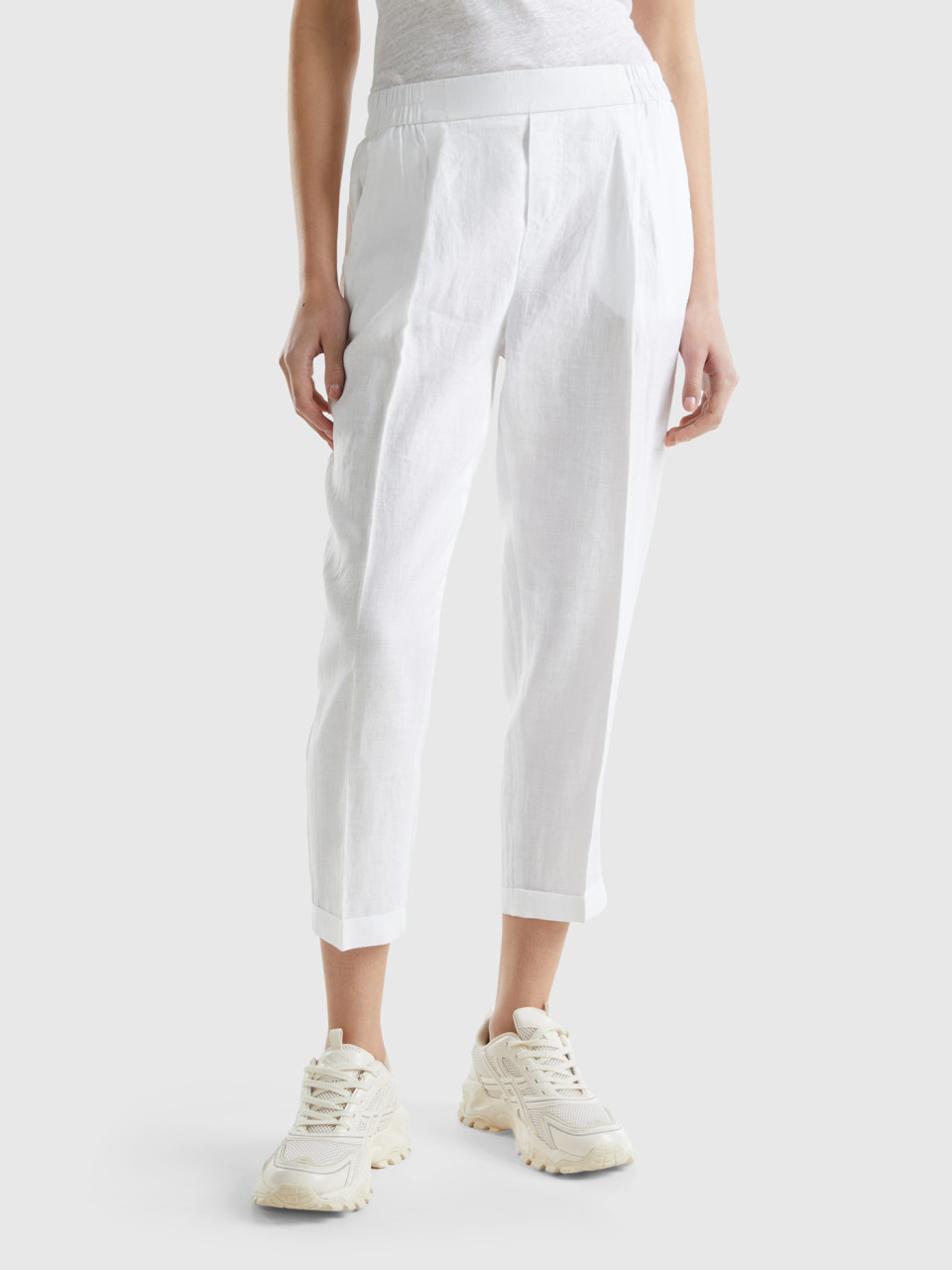 Benetton, Cropped Trousers In 100% Linen, White, Women