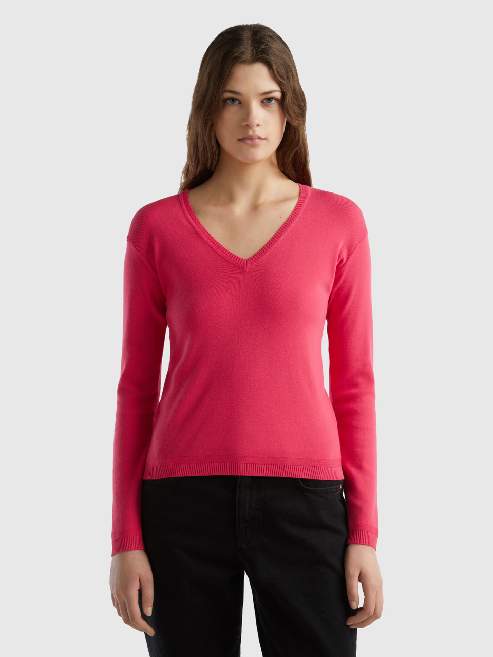 Benetton, V-neck Sweater In Pure Cotton, Fuchsia, Women