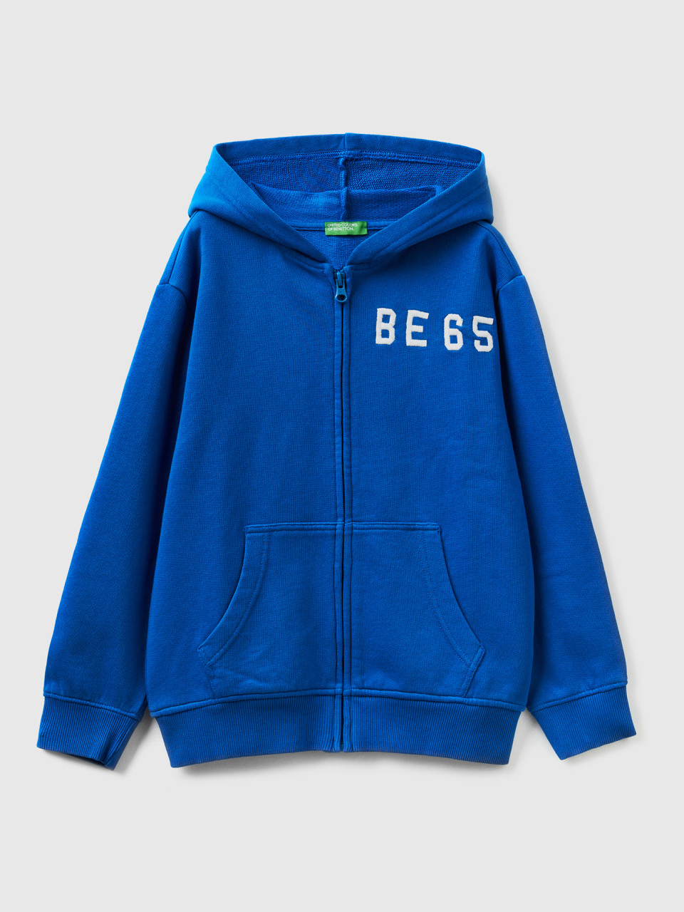 Benetton, Hoodie With Zip And Embroidered Logo, Bright Blue, Kids