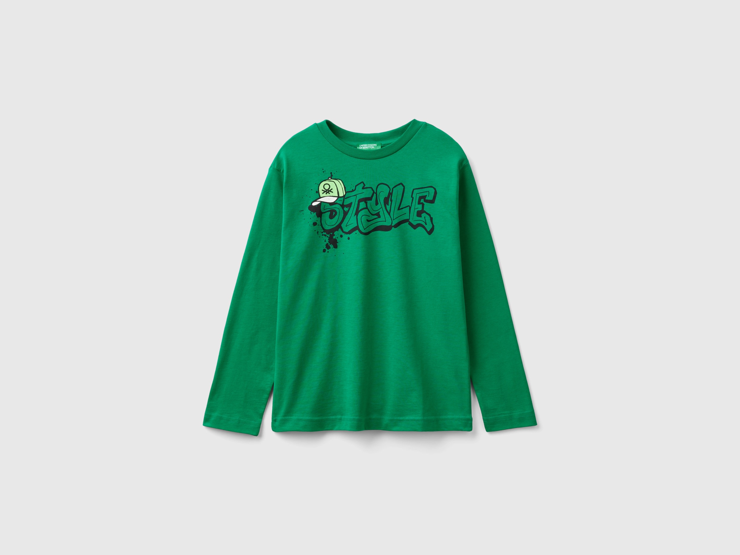 Benetton, T-shirt Manica Lunga In Cotone Bio, Verde, Bambini