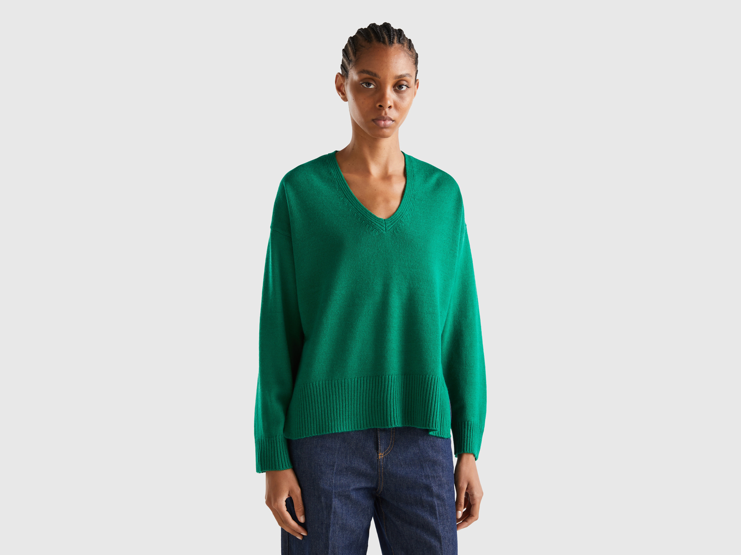 Benetton, Oversized Fit V-neck Sweater, size XS-S, Green, Women