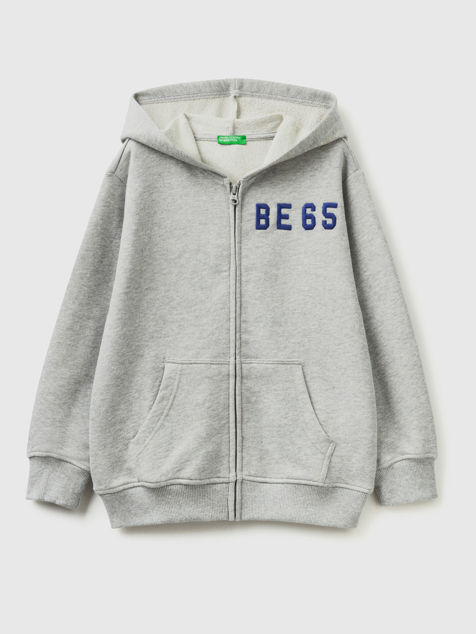 Benetton, Hoodie With Zip And Embroidered Logo, Light Gray, Kids