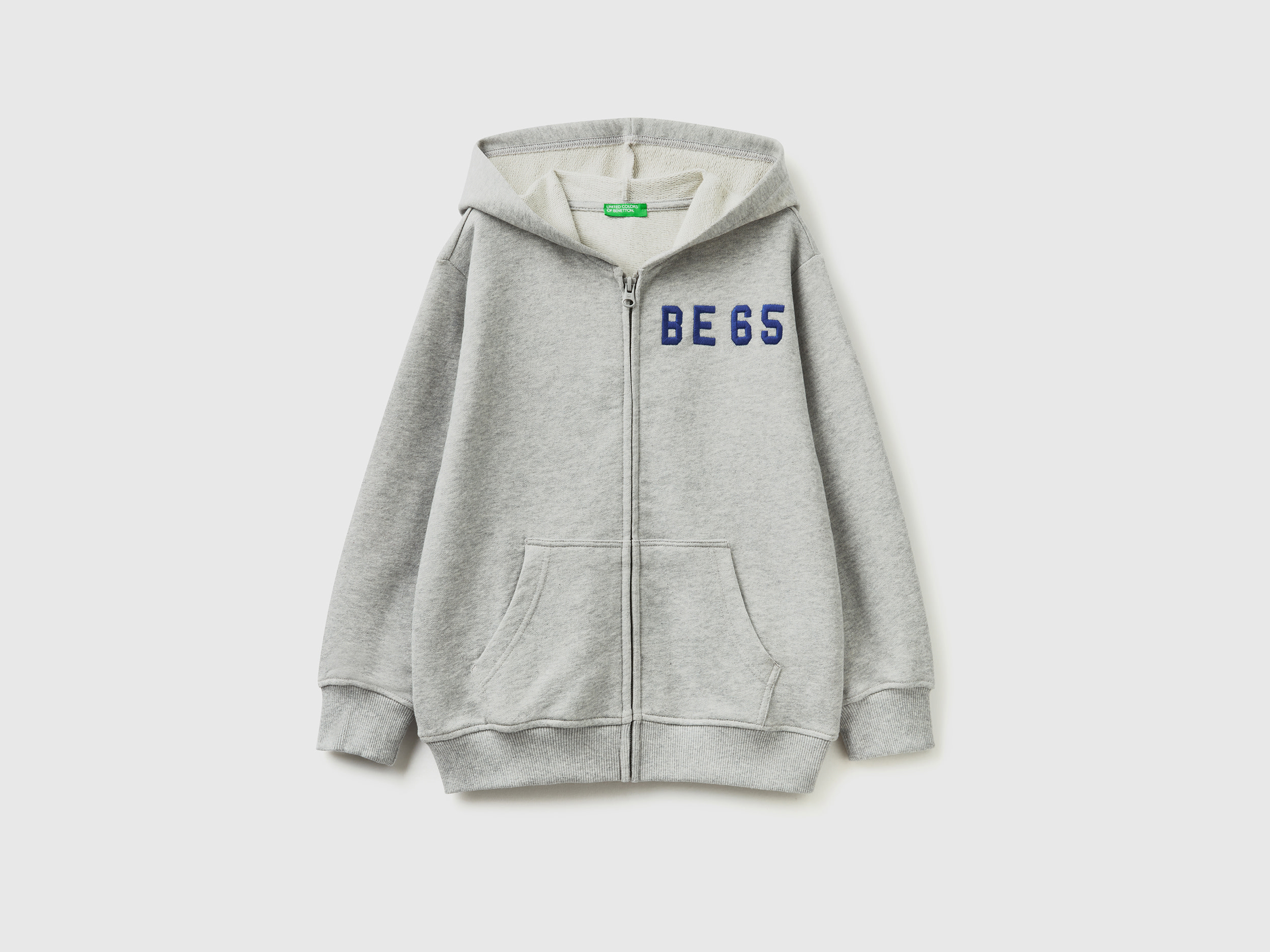 Benetton, Hoodie With Zip And Embroidered Logo, size L, Light Gray, Kids