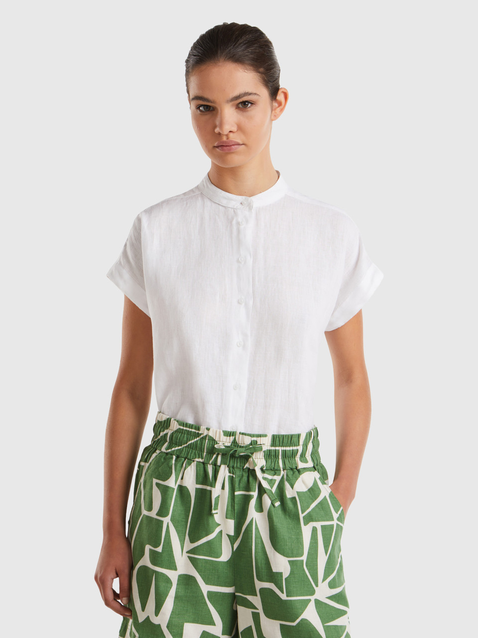 Benetton, Mandarin Shirt In Pure Linen, White, Women