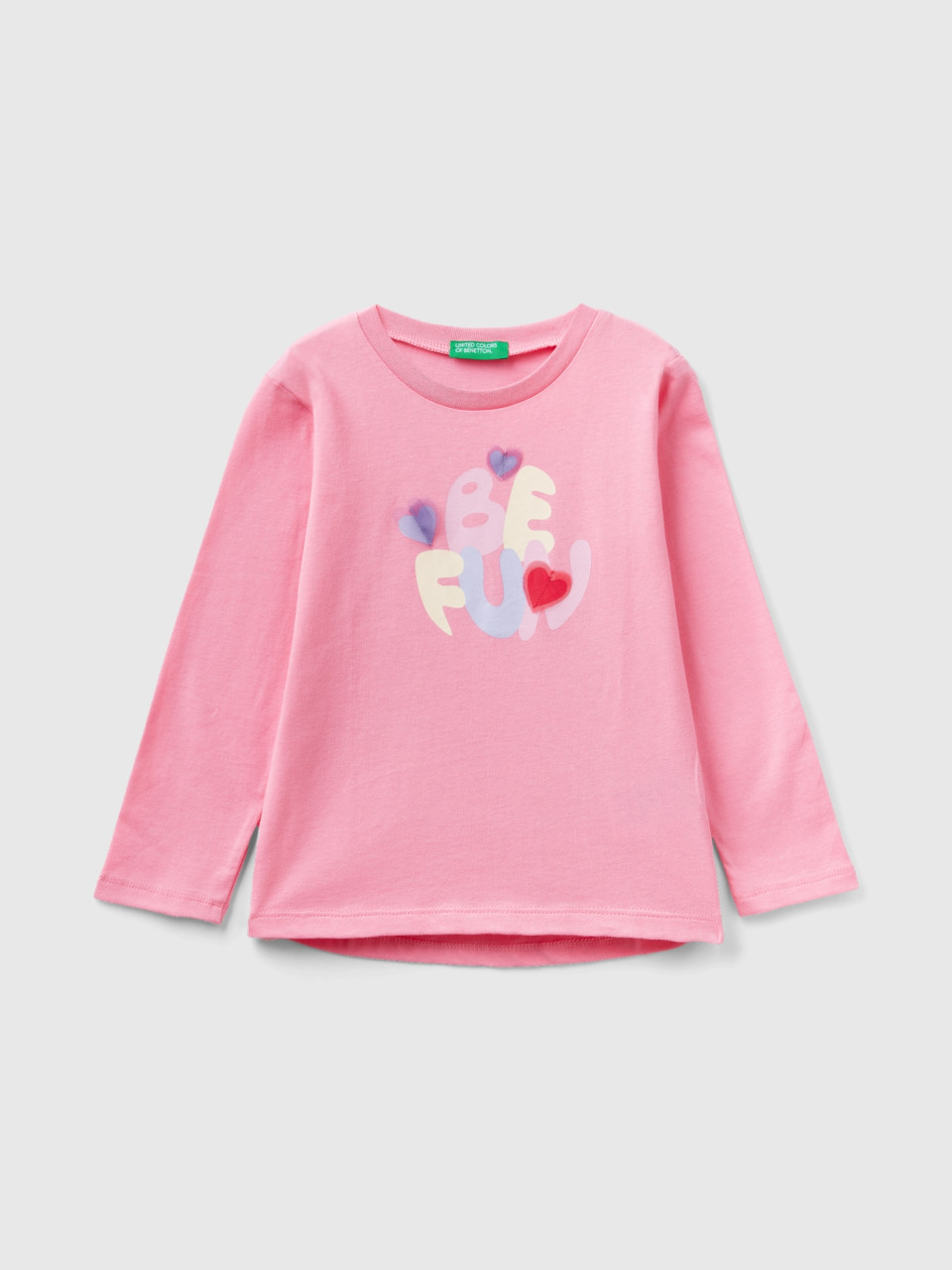 Benetton, T-shirt De Manga Comprida Com Estampa, Rosa Pink, Crianças