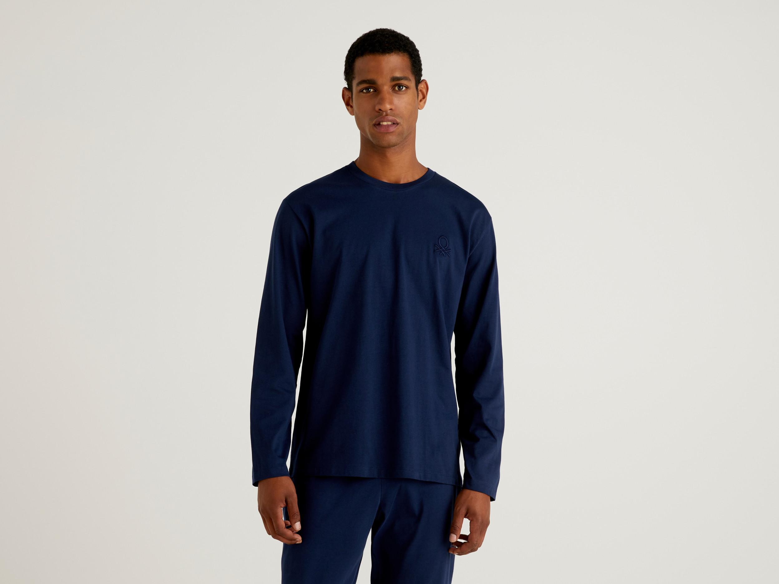 Benetton, T shirt Manica Lunga In Cotone Biologico, Blu Scuro, Uomo