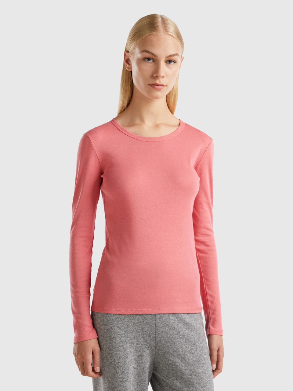 Benetton, Long Sleeve Pure Cotton T-shirt, Salmon, Women