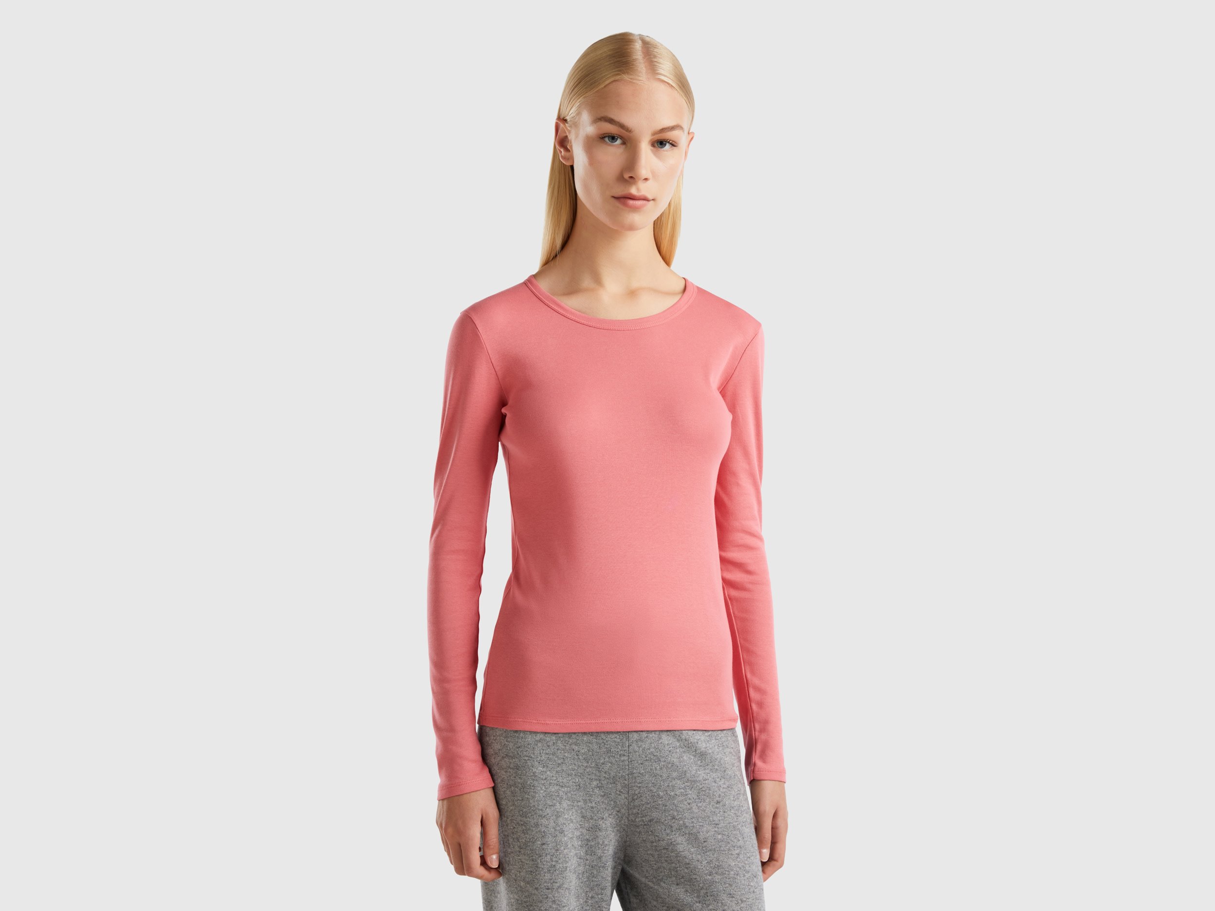 Benetton, Long Sleeve Pure Cotton T-shirt, size XL, Salmon, Women