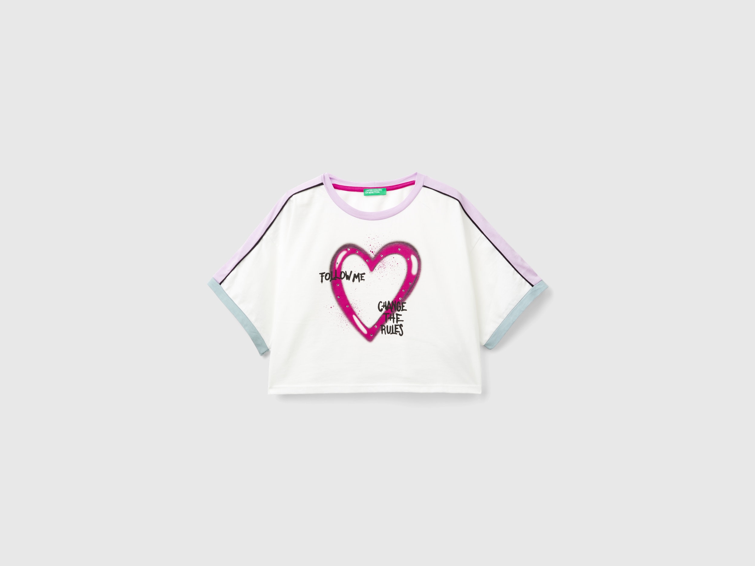 Benetton, T-shirt Con Stampa Graffiti E Strass, Bianco Panna, Bambini