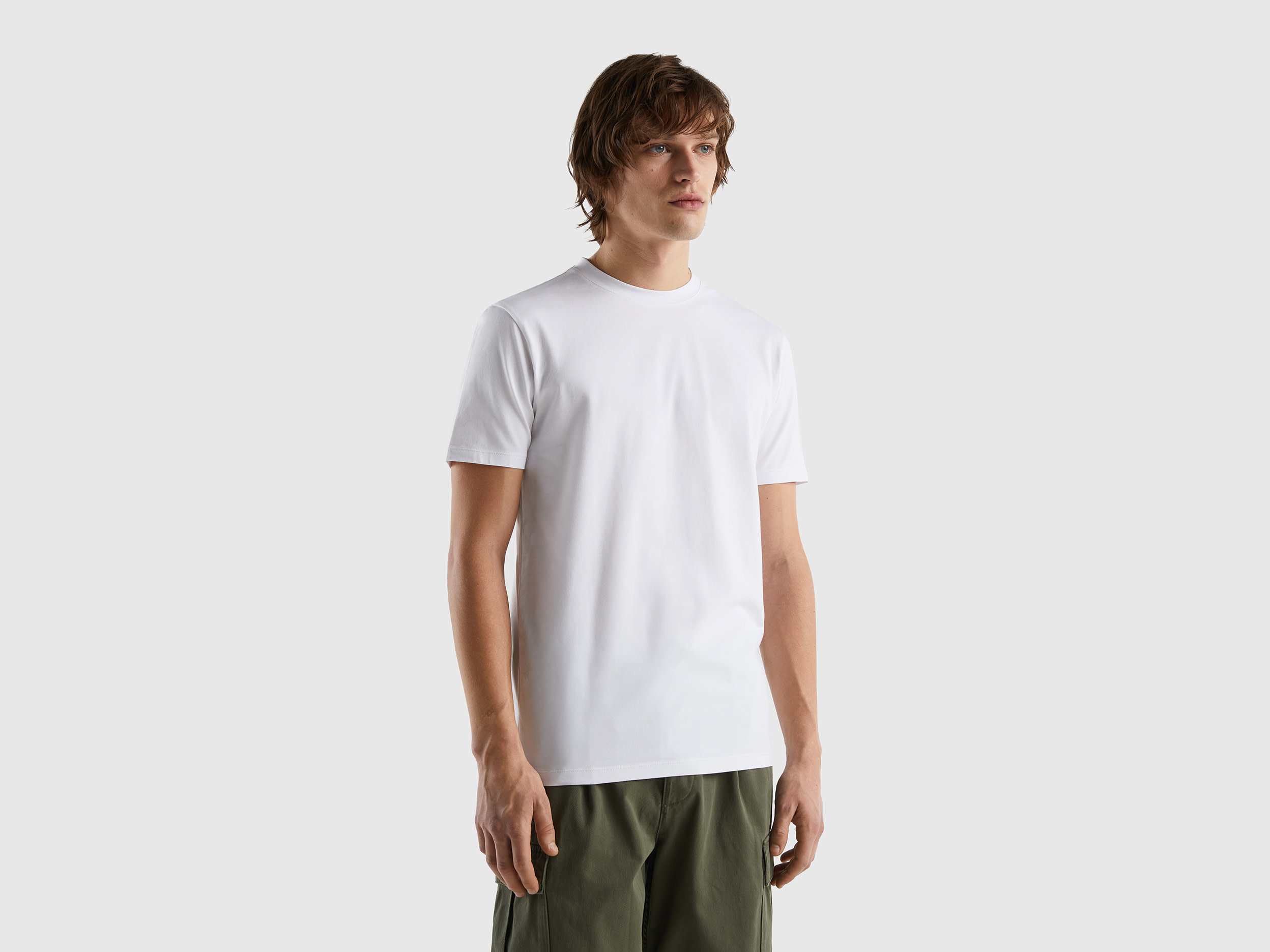 Benetton, T shirt Slim Fit In Cotone Stretch, Bianco, Uomo Benetton, T shirt Slim Fit In Cotone Stretch, Bianco, Uomo