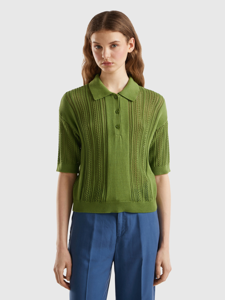 Benetton, Crochet Knit Polo Shirt, Military Green, Women