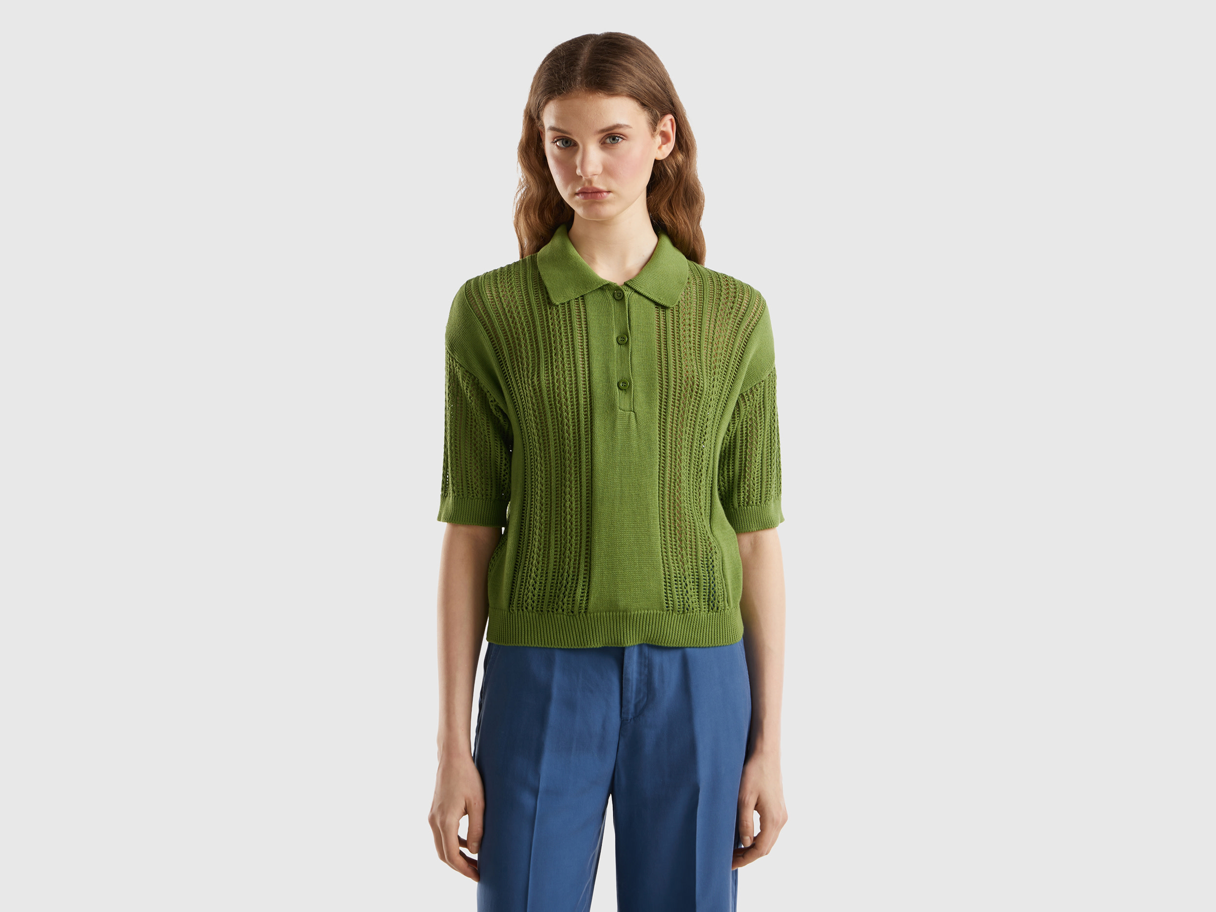 Benetton, Polo In Maglia Crochet, Verde Militare, Donna