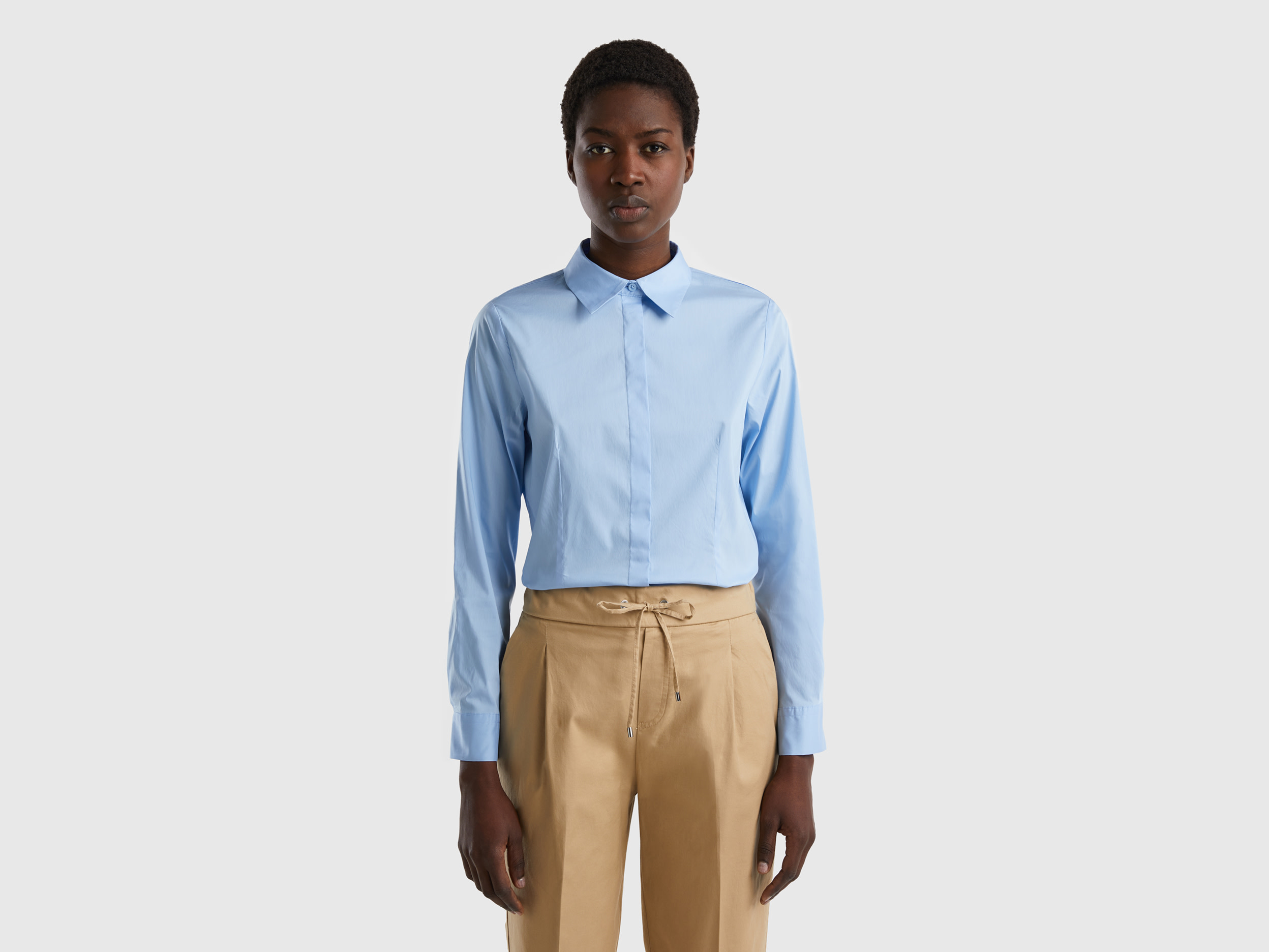 Benetton, Shirt In Stretch Cotton Blend, size XS, Sky Blue, Women
