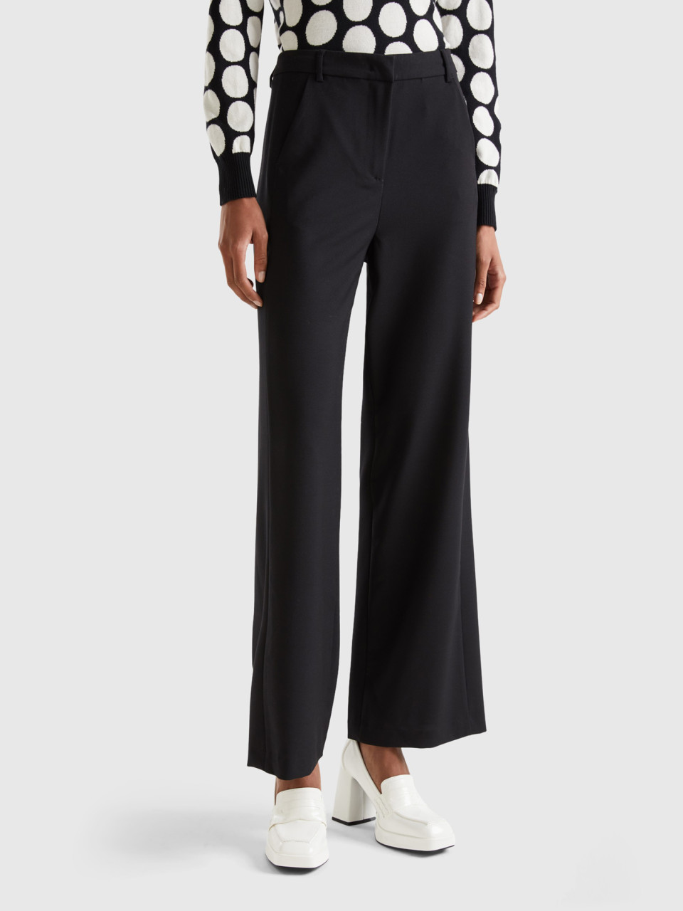 Benetton, Flowy Trousers With Tapered Leg, Black, Women