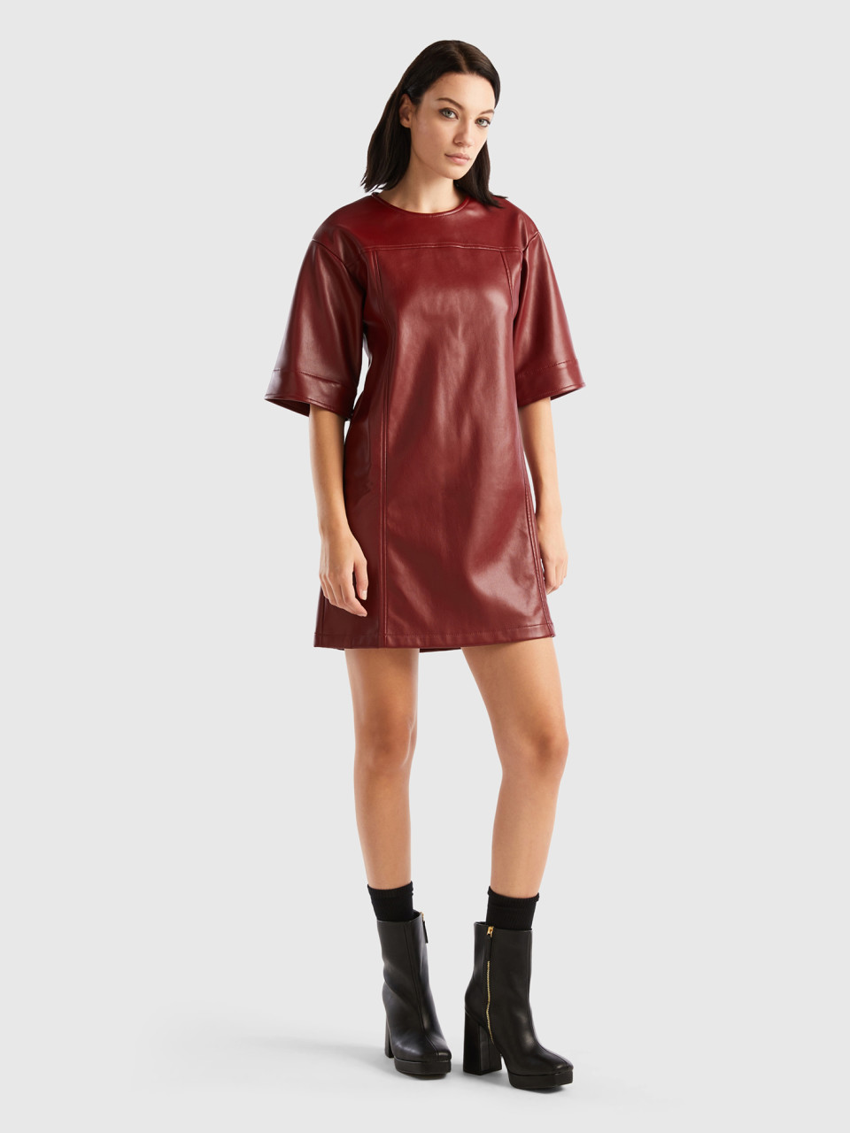 Benetton, Cropped Dress In Imitation Leather Fabric, Burgundy, Women
