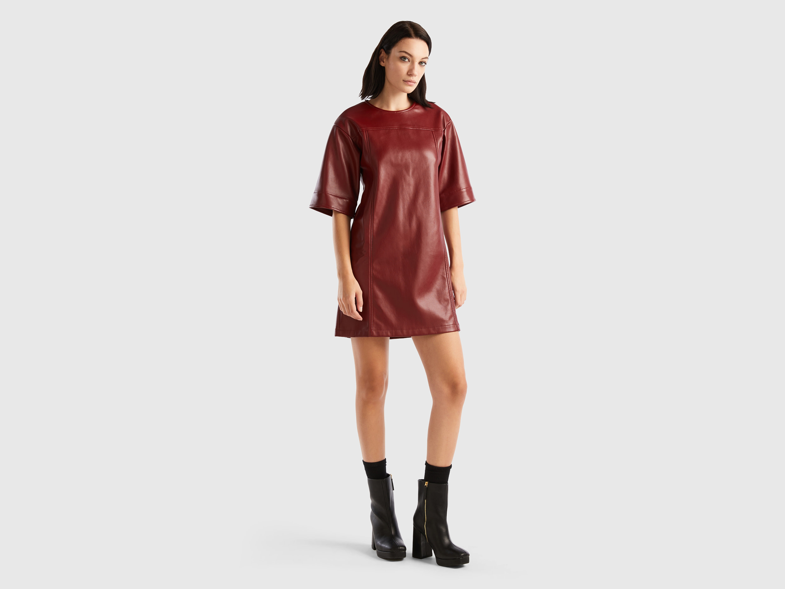 Benetton, Cropped Dress In Imitation Leather Fabric, size XL, Burgundy, Women