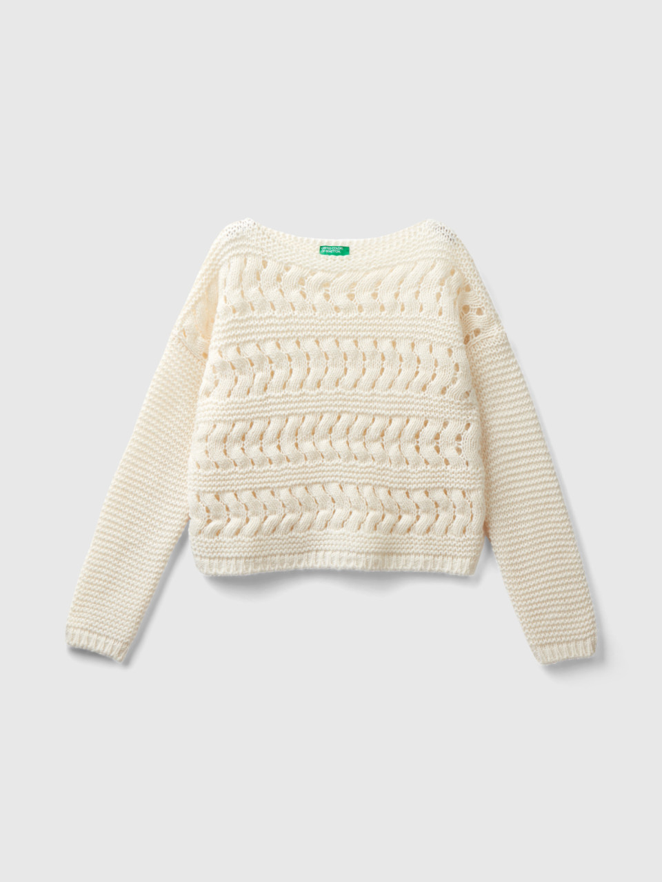 Benetton, Cable Knit Sweater In Wool Blend, Creamy White, Kids