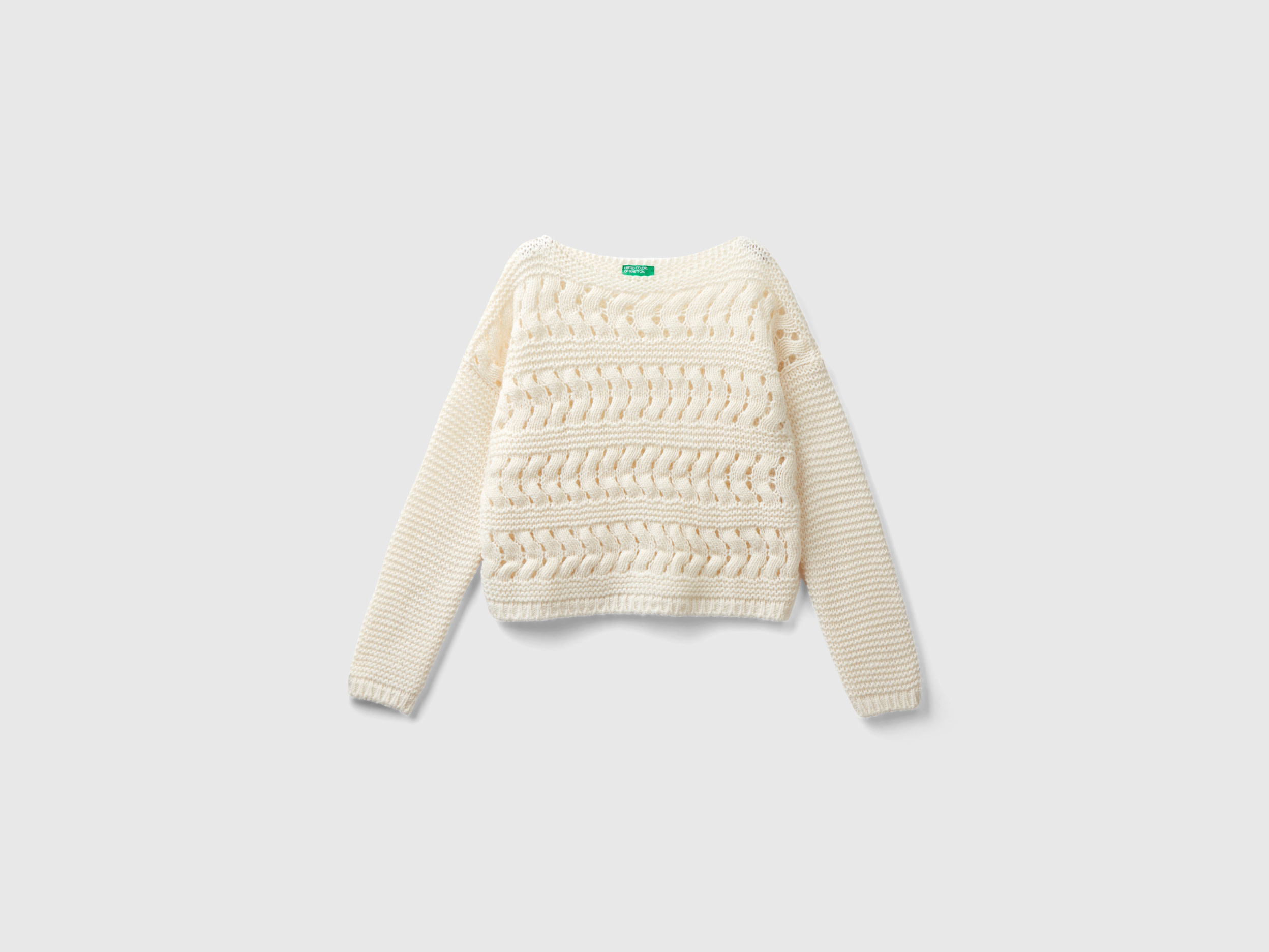 Benetton, Cable Knit Sweater In Wool Blend, size 2XL, Creamy White, Kids