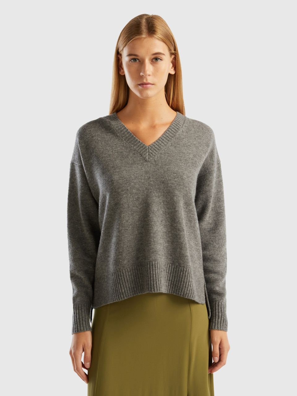Benetton, Oversized Fit Sweater With Slits, Dark Gray, Women