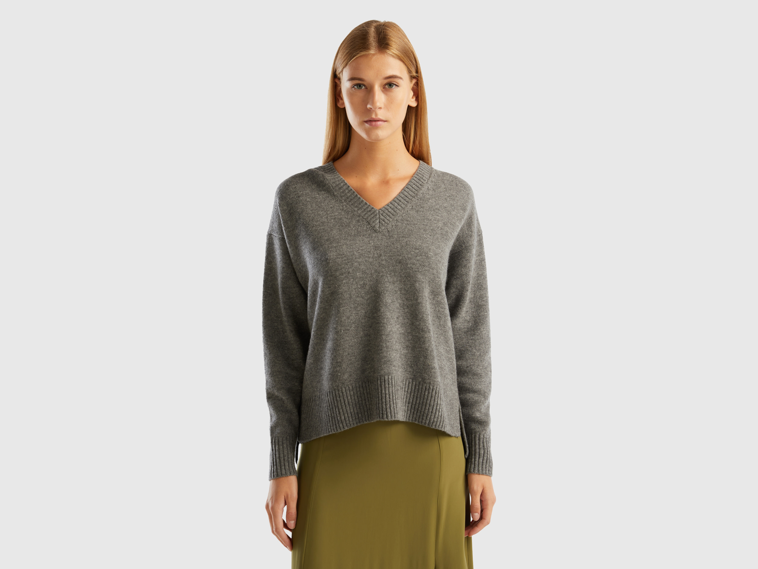 Benetton, Oversized Fit Sweater With Slits, size L-XL, Dark Gray, Women