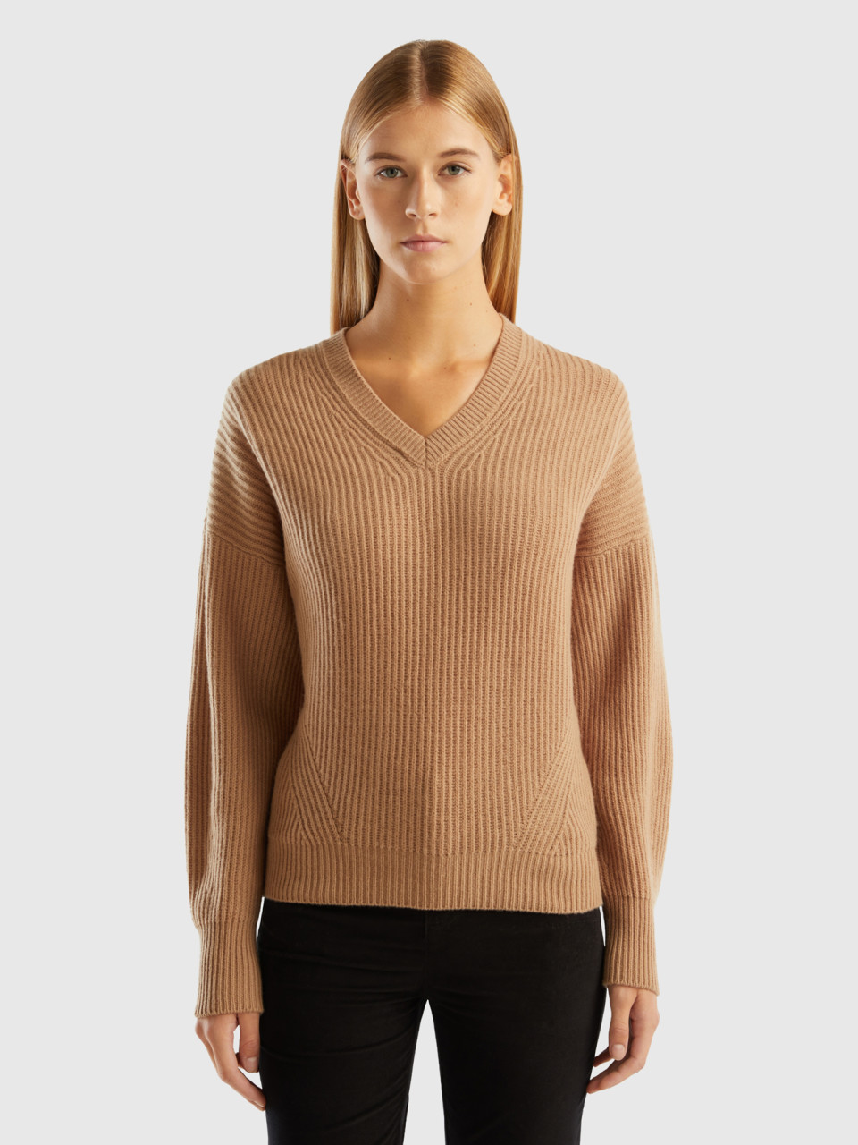 Benetton, Soft Sweater With V-neck, Camel, Women