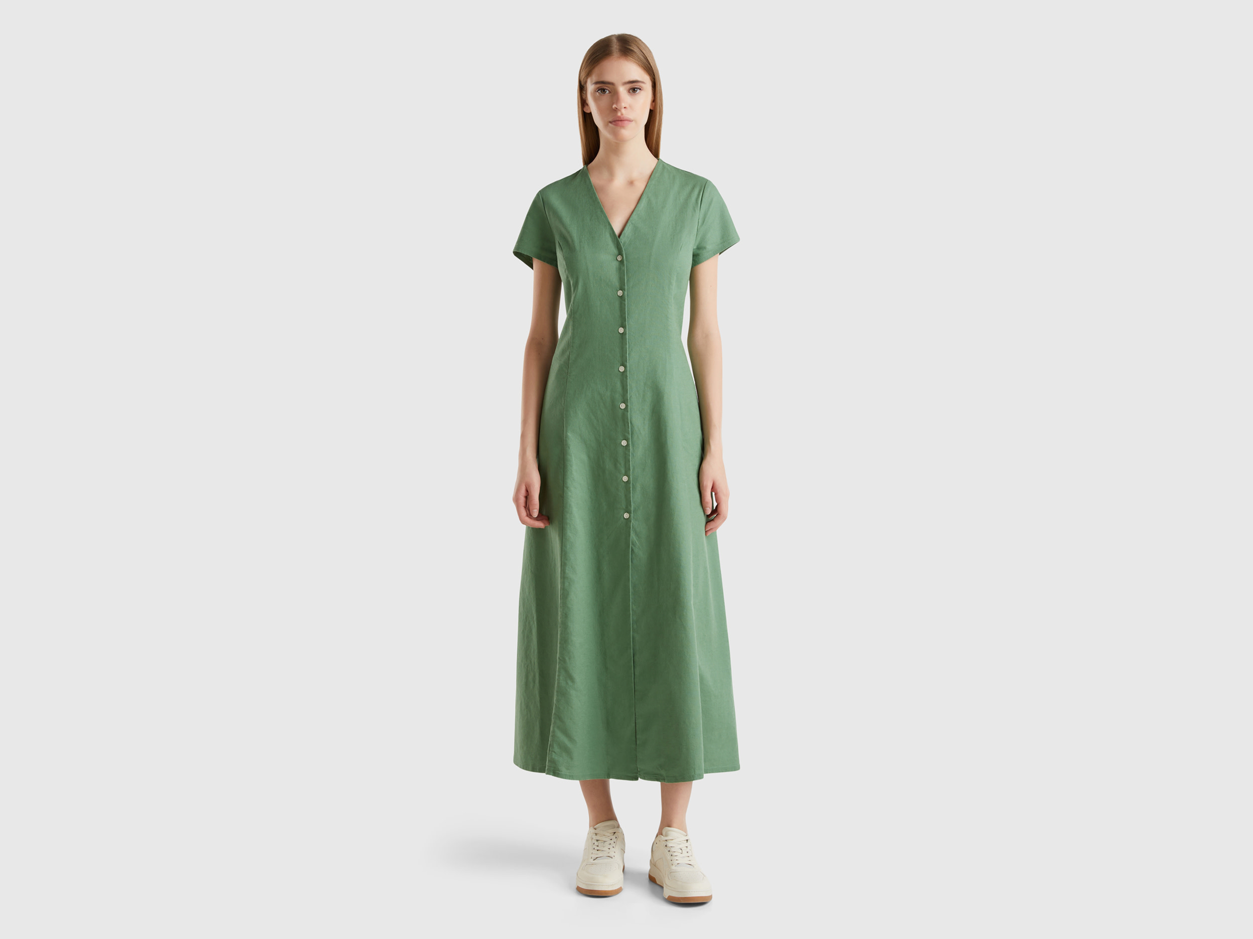 Benetton, Abito In Misto Cotone E Lino Stretch, Verde, Donna