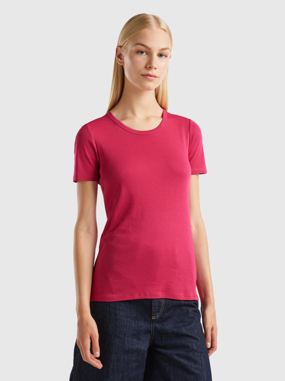 Benetton, Long Fiber Cotton T-shirt, Cyclamen, Women