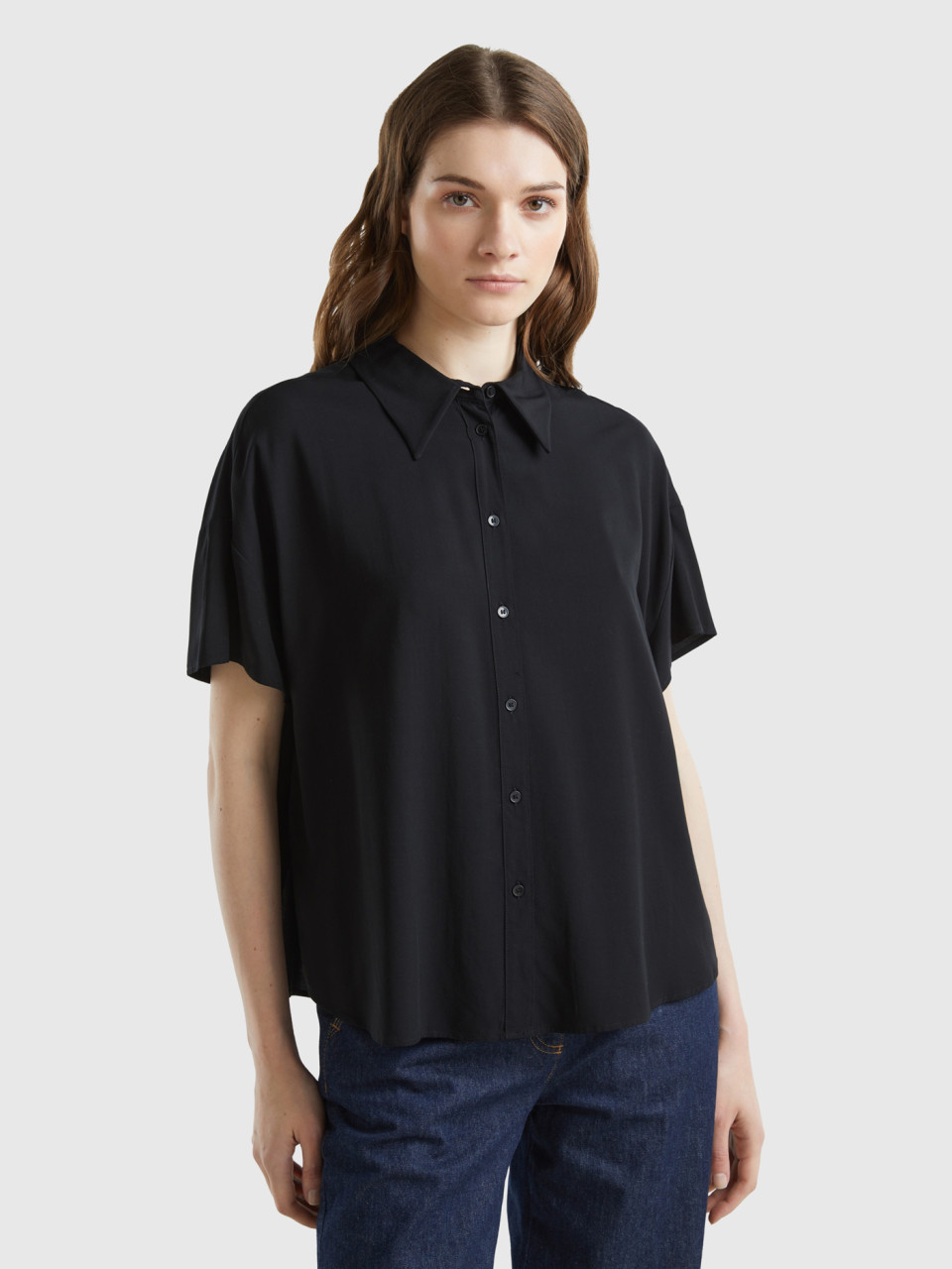Benetton, Short Sleeve Shirt In Sustainable Viscose, Black, Women