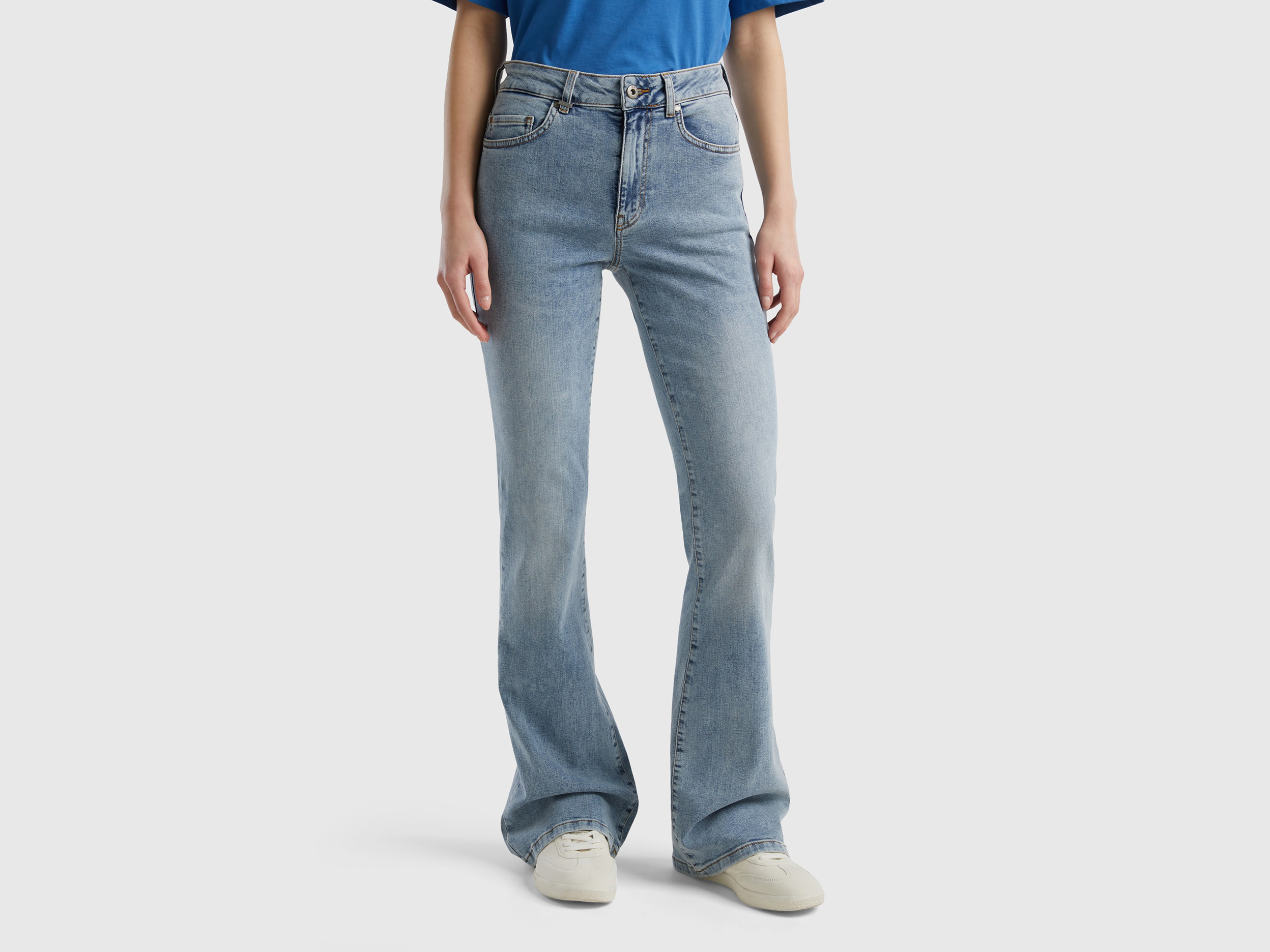 Benetton, Jeans Elasticizzati A Zampa, Blu, Donna
